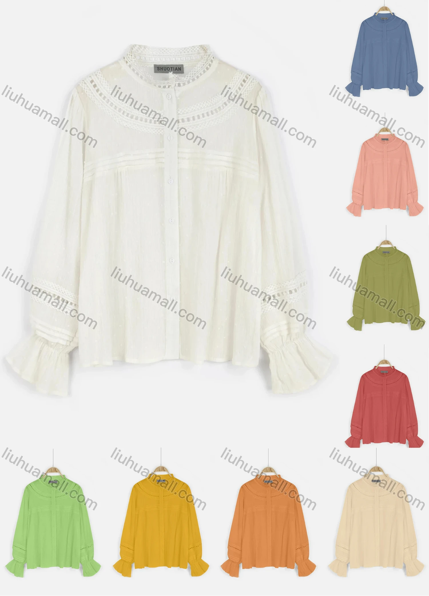 Wholesale Women's Vintage Eyelet Embroidered Swiss Dot Poet Sleeve Ruffle Hem Blouse - Liuhuamall