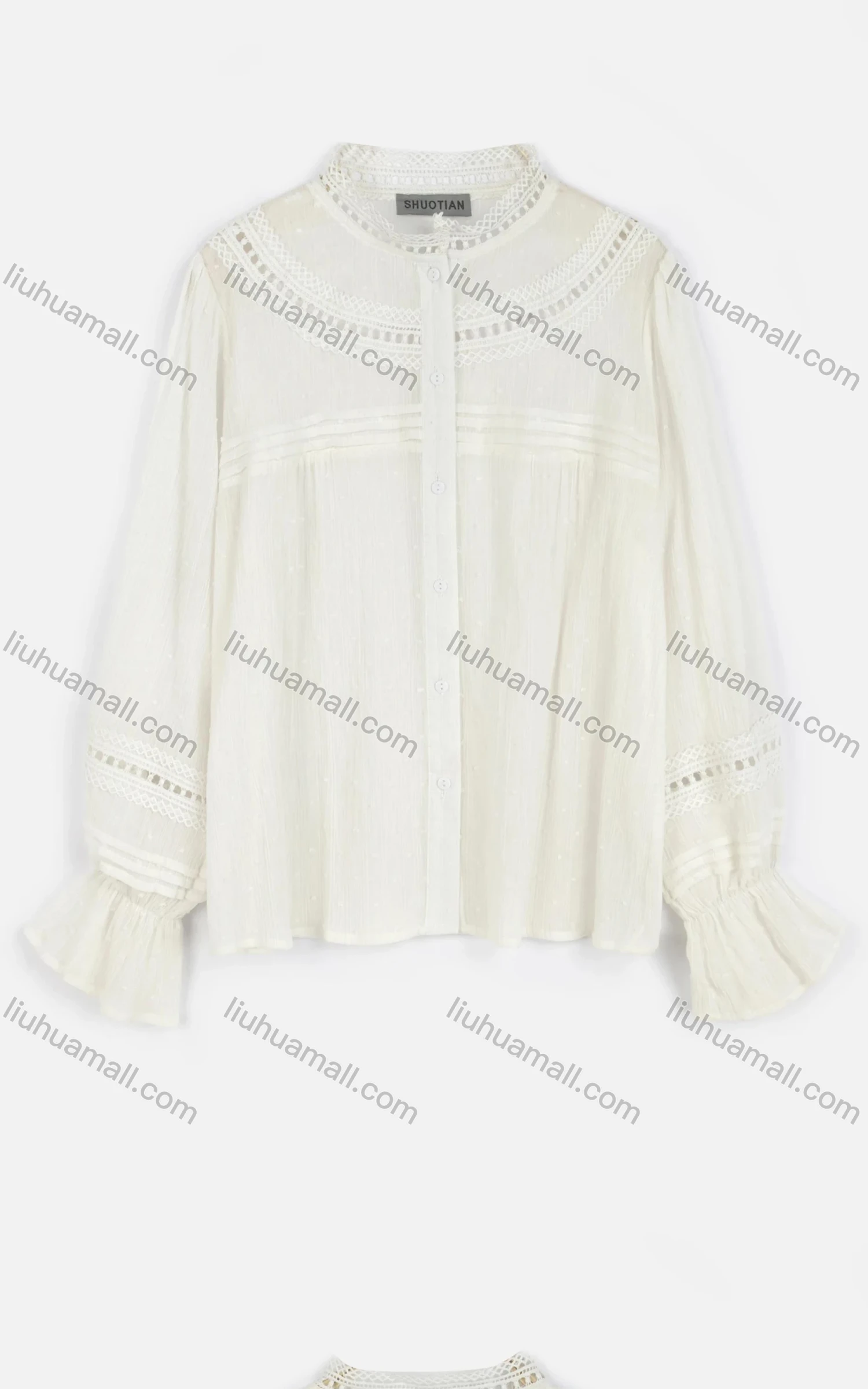 Wholesale Women's Vintage Eyelet Embroidered Swiss Dot Poet Sleeve Ruffle Hem Blouse - Liuhuamall