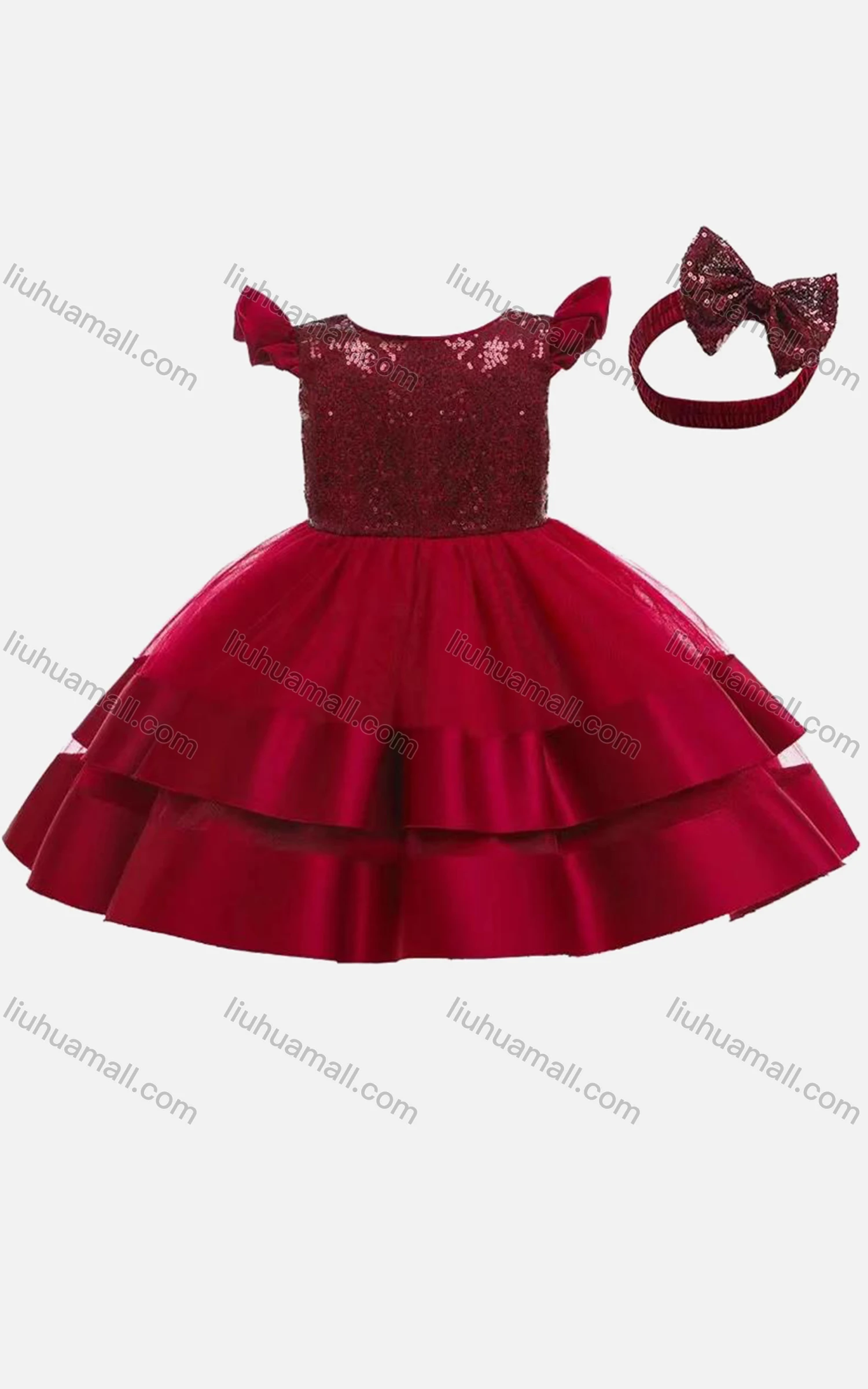 Wholesale Girls Cute Cap Sleeve Sequin Bow-knot Mesh Layered Hem Flower Dress With Bow Headband - Liuhuamall