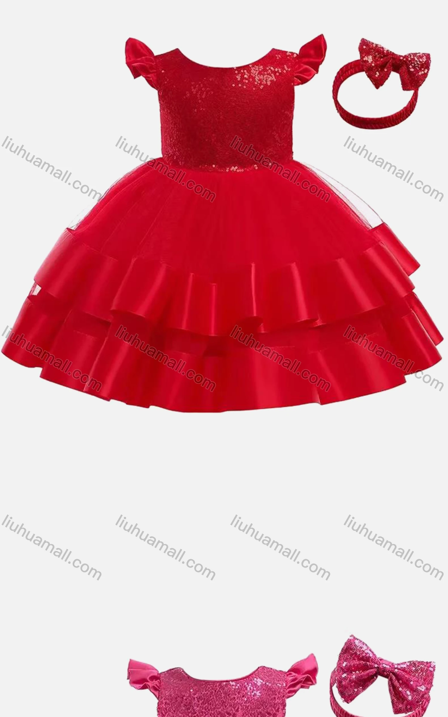 Wholesale Girls Cute Cap Sleeve Sequin Bow-knot Mesh Layered Hem Flower Dress With Bow Headband - Liuhuamall