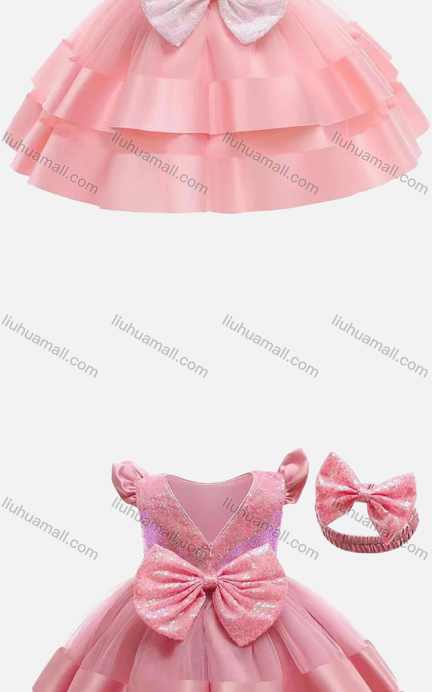 Wholesale Girls Cute Cap Sleeve Sequin Bow-knot Mesh Layered Hem Flower Dress With Bow Headband - Liuhuamall