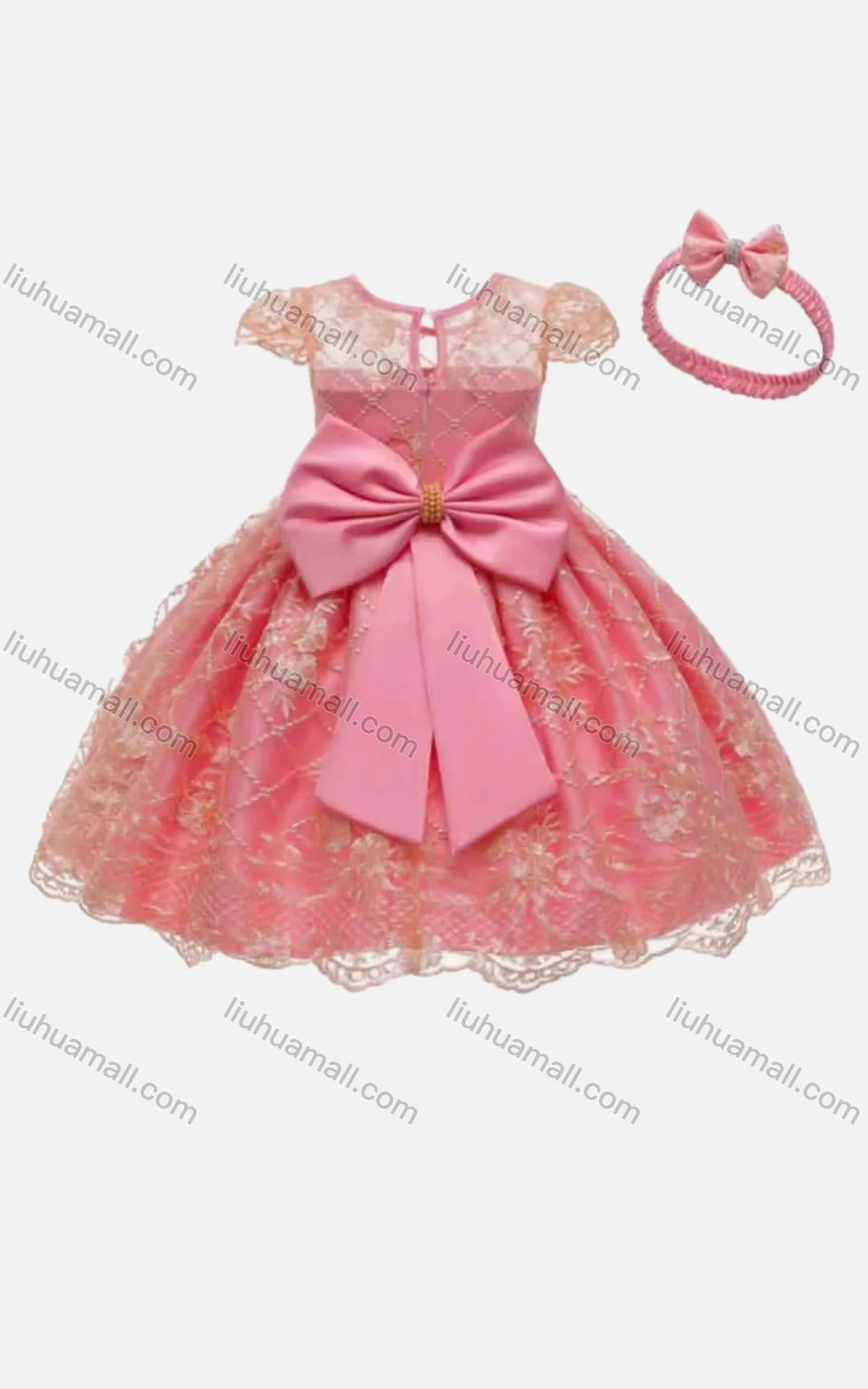 Wholesale Girls Lovely Lace Cap Sleeve Bow-knot Appliques Mesh Flower Girl Dress Wtih Bow Headband - Liuhuamall