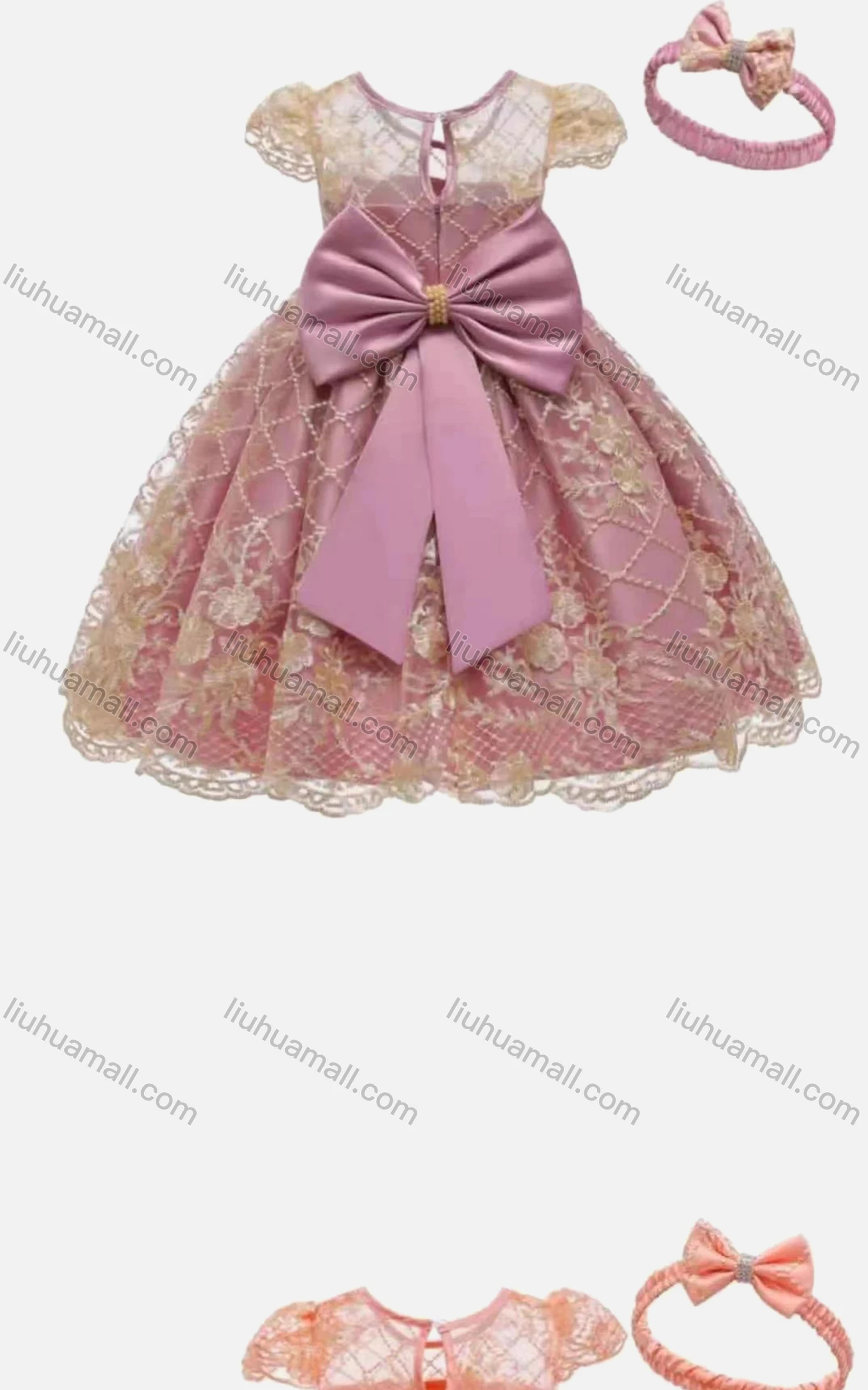 Wholesale Girls Lovely Lace Cap Sleeve Bow-knot Appliques Mesh Flower Girl Dress Wtih Bow Headband - Liuhuamall