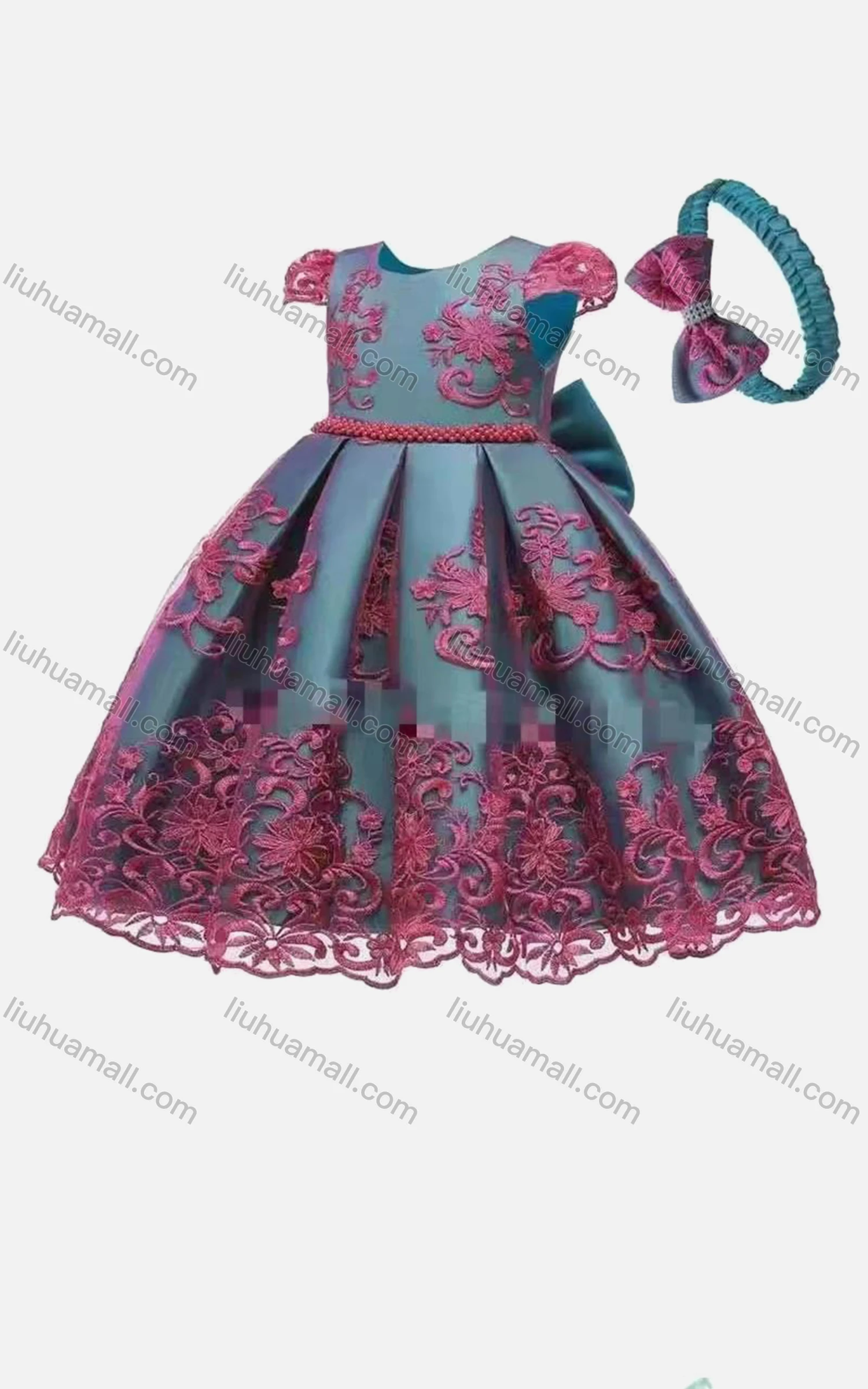 Wholesale Girls Lovely Lace Cap Sleeve Bow-knot Appliques Flower Dress With Bow Headband - Liuhuamall