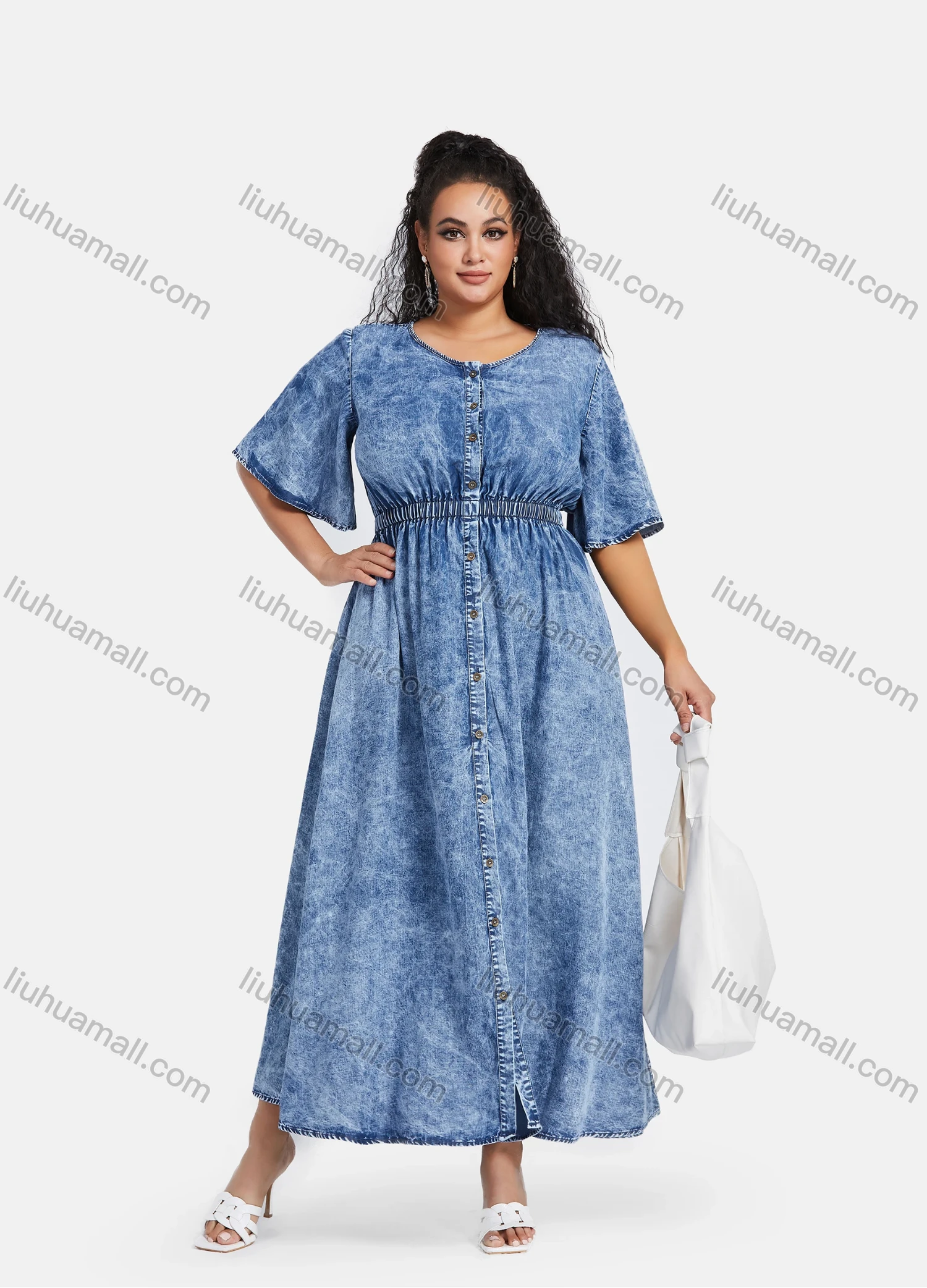 Wholesale Women's Plus Size Bell Sleeve Button Down Washed Denim Maxi Dress - Liuhuamall