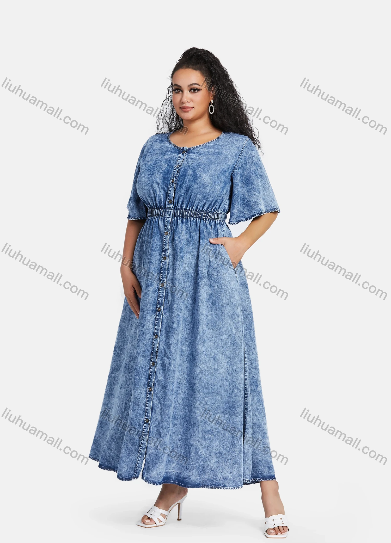 Wholesale Women's Plus Size Bell Sleeve Button Down Washed Denim Maxi Dress - Liuhuamall