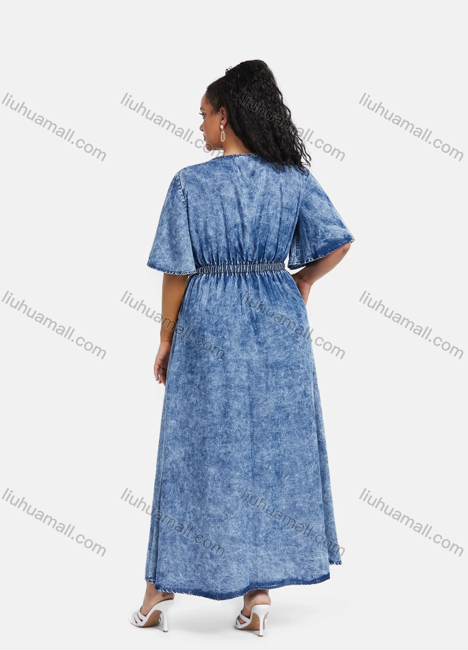 Wholesale Women's Plus Size Bell Sleeve Button Down Washed Denim Maxi Dress - Liuhuamall