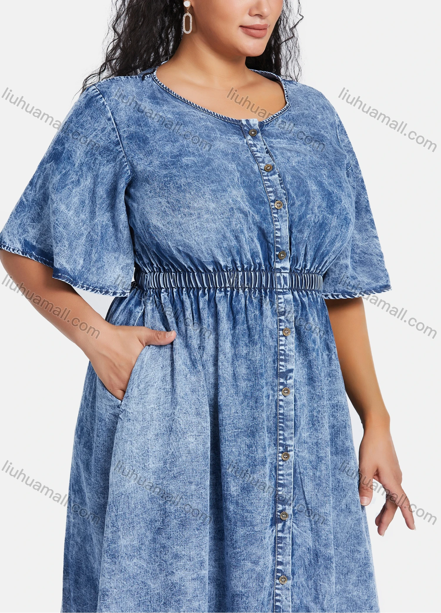 Wholesale Women's Plus Size Bell Sleeve Button Down Washed Denim Maxi Dress - Liuhuamall