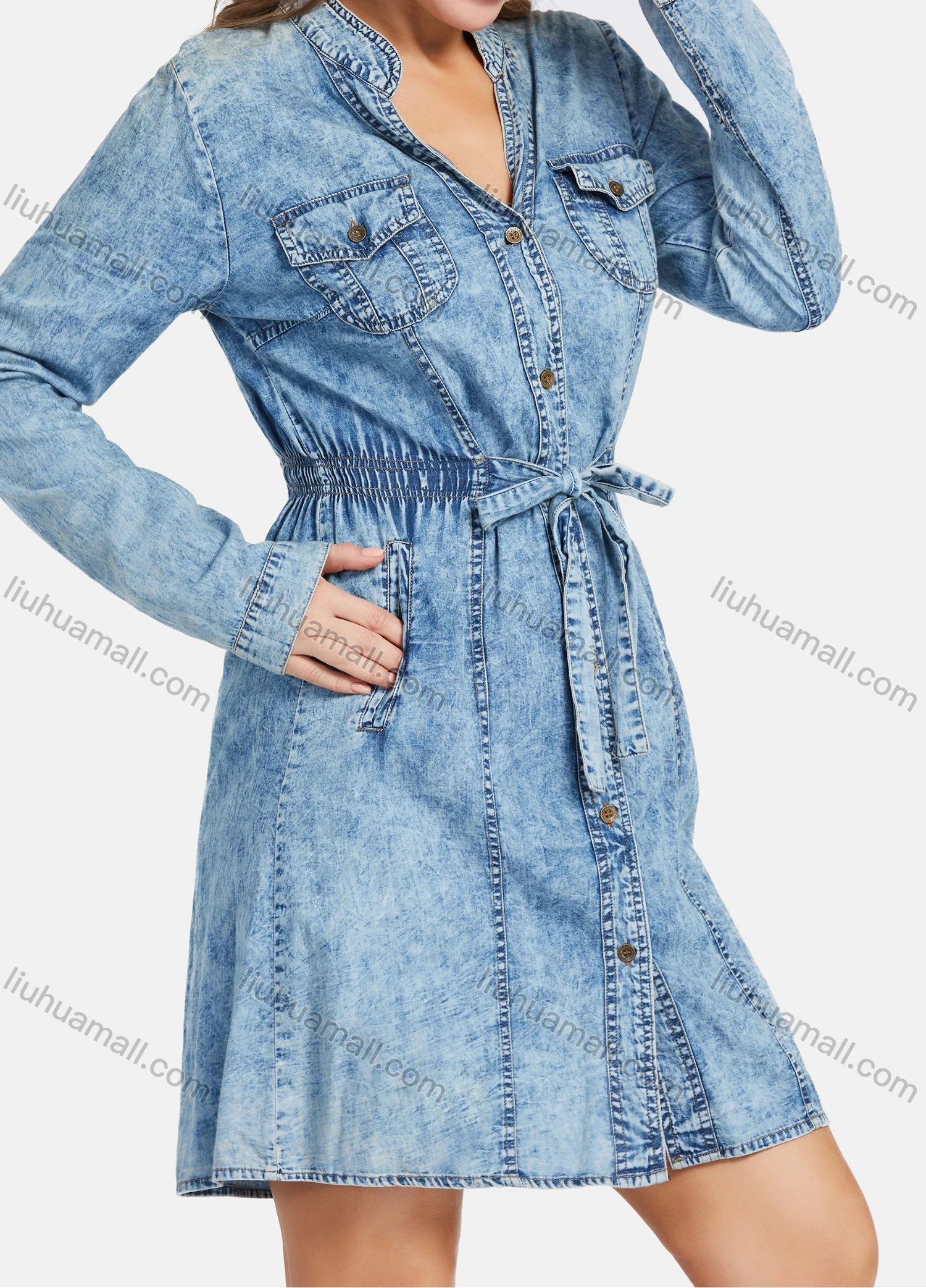 Wholesale Women's Casual Long Sleeve Stand Collar Button Down Denim Shirt Dress With Belt - Liuhuamall