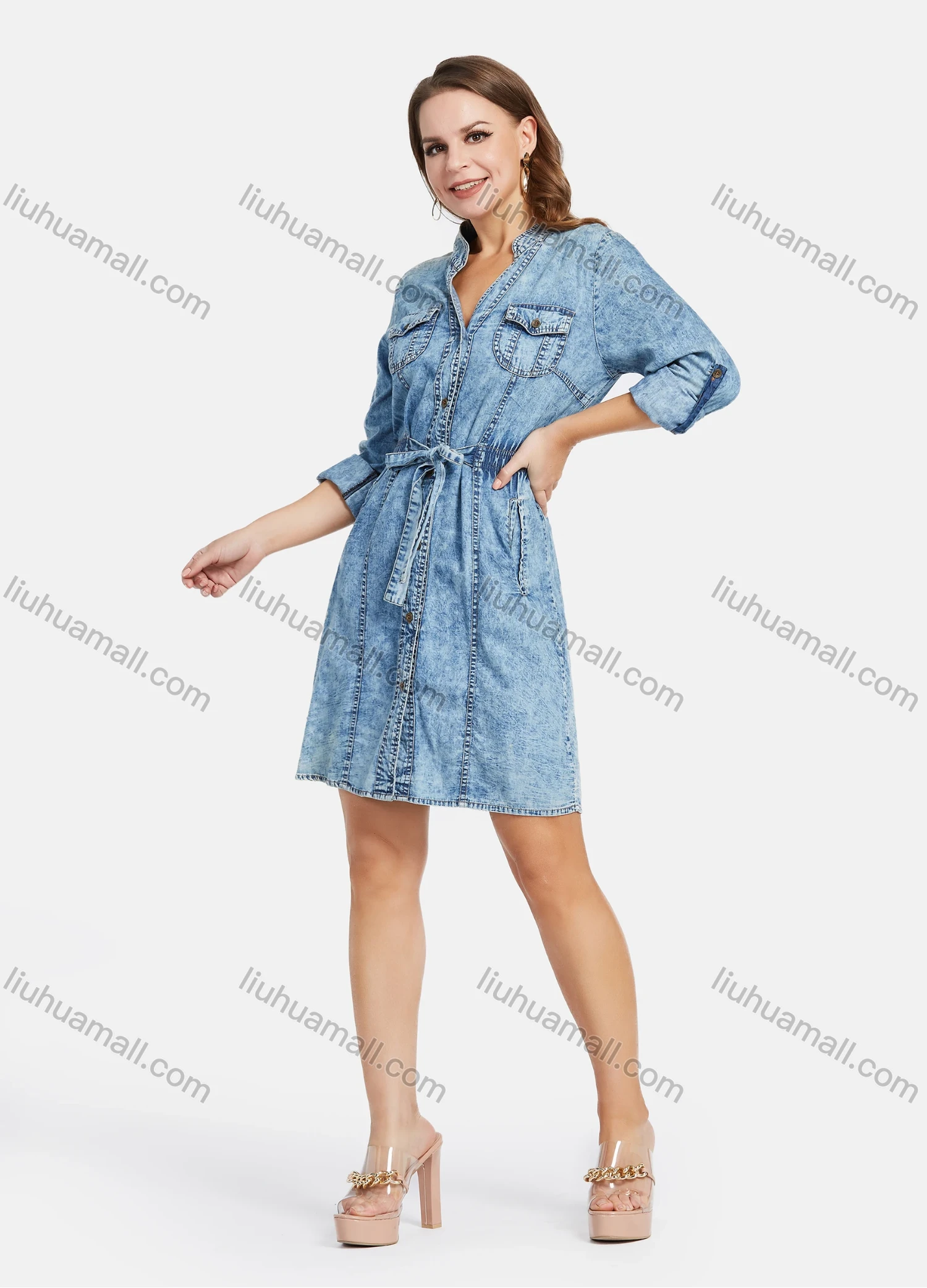 Wholesale Women's Casual Long Sleeve Stand Collar Button Down Denim Shirt Dress With Belt - Liuhuamall