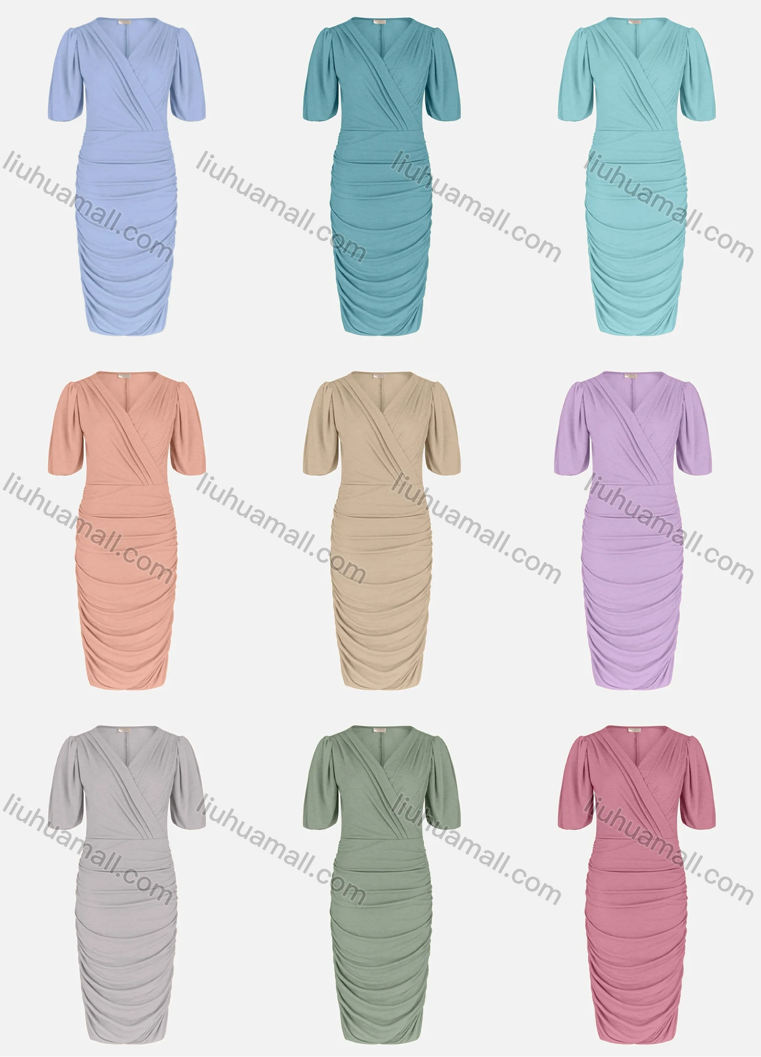 Wholesale Women's Plain V Neck Short Slevee Ruched Bodycon Bandage Wrap Midi Dress - Liuhuamall
