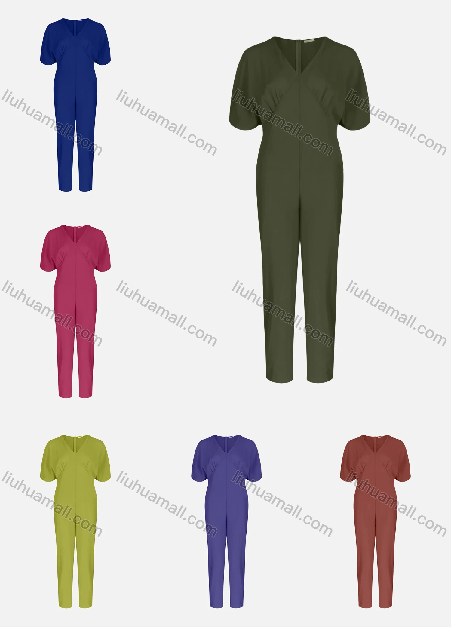 Wholesale Women's Casual Plain V Neck Short Sleeve Elastic Cuff Jumpsuit - Liuhuamall