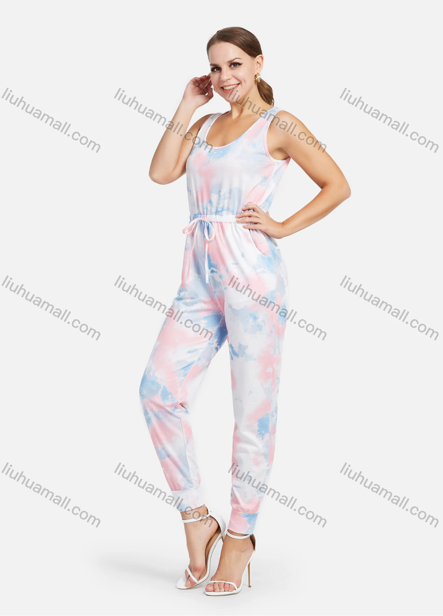 Wholesale Women's Casual Sleeveless U Neck Tie Dye High Waist Ankle Length Jumpsuit - Liuhuamall