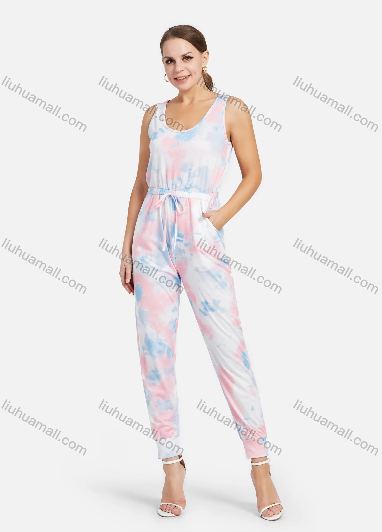 Wholesale Women's Casual Sleeveless U Neck Tie Dye High Waist Ankle Length Jumpsuit - Liuhuamall