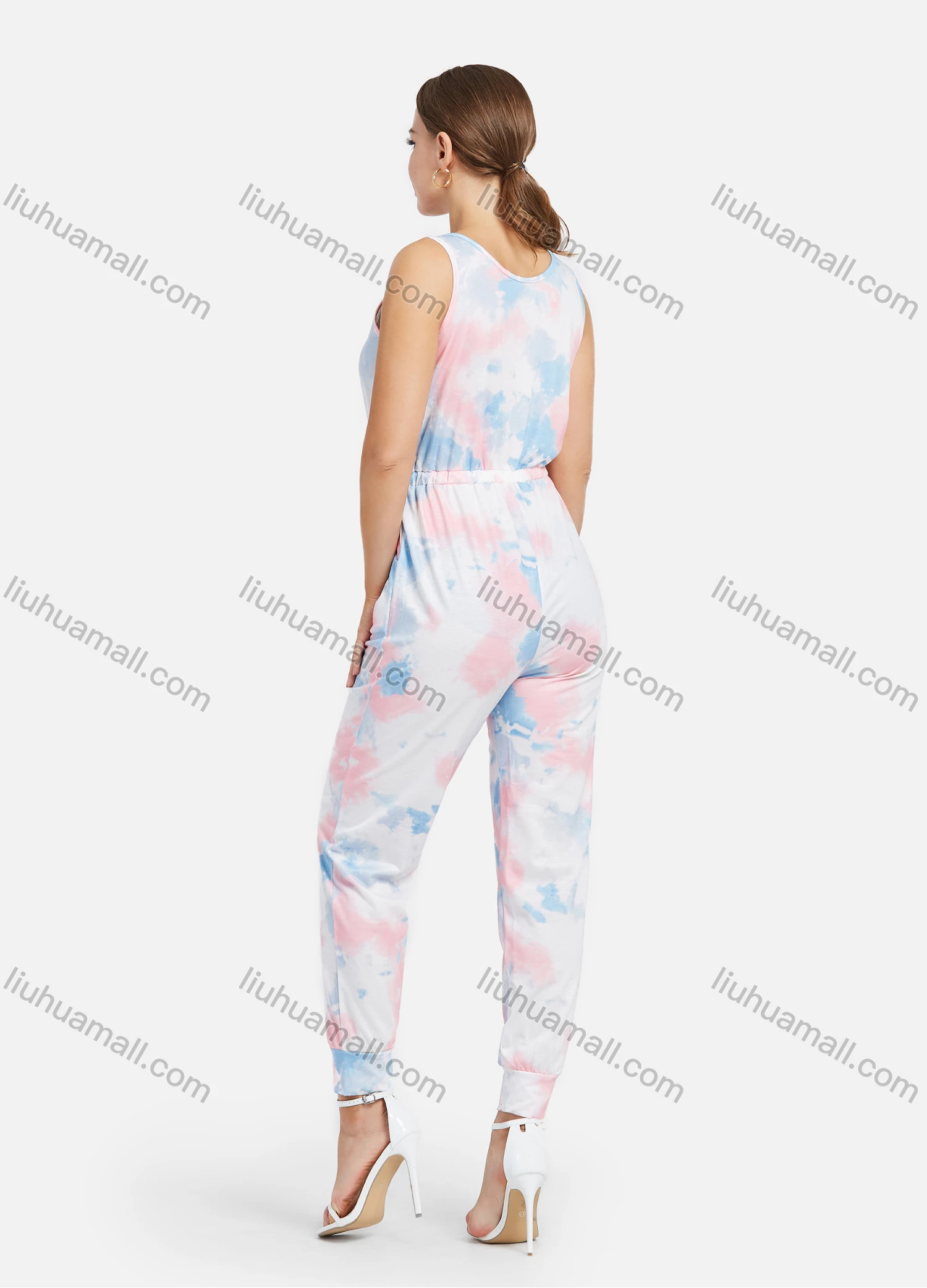 Wholesale Women's Casual Sleeveless U Neck Tie Dye High Waist Ankle Length Jumpsuit - Liuhuamall