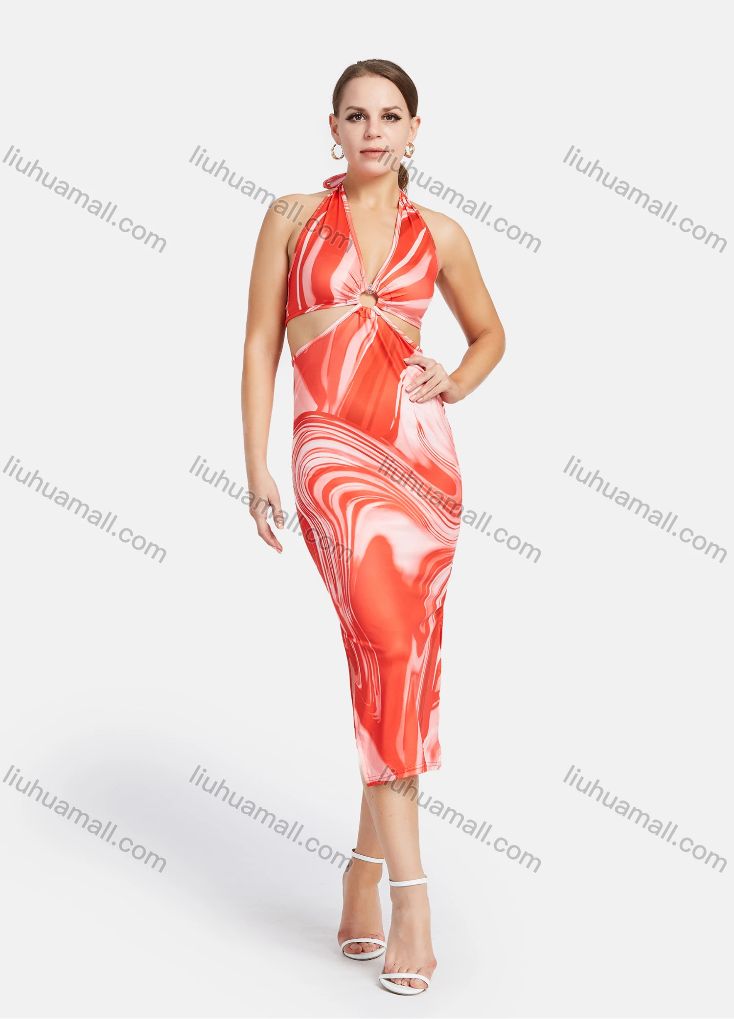Wholesale Women's Sexy Halter Sleeveless Cut Out Abstract Print Cocktail Tie Back O-Ring Split Club Bodycon Midi Dress - Liuhuamall