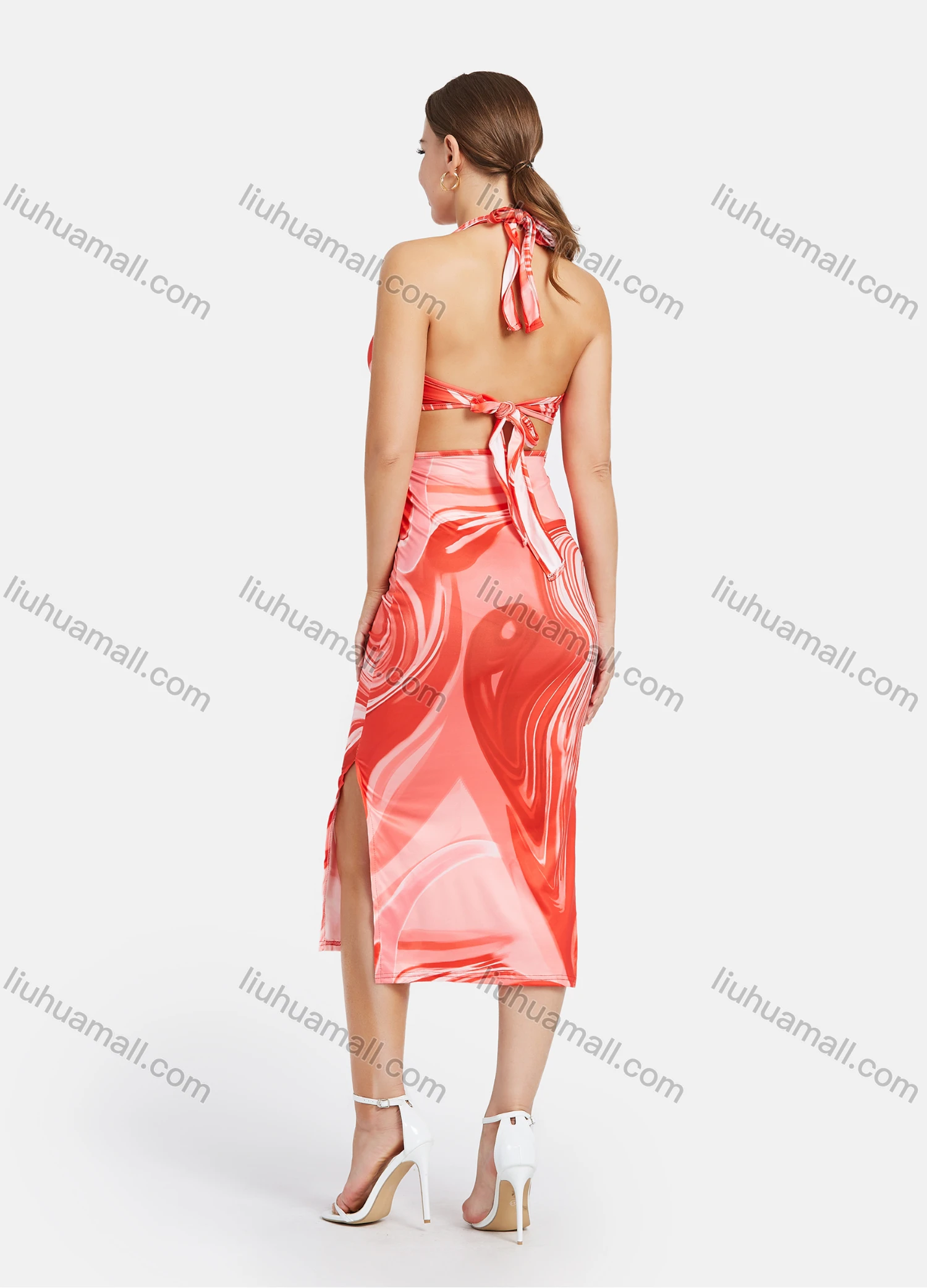 Wholesale Women's Sexy Halter Sleeveless Cut Out Abstract Print Cocktail Tie Back O-Ring Split Club Bodycon Midi Dress - Liuhuamall