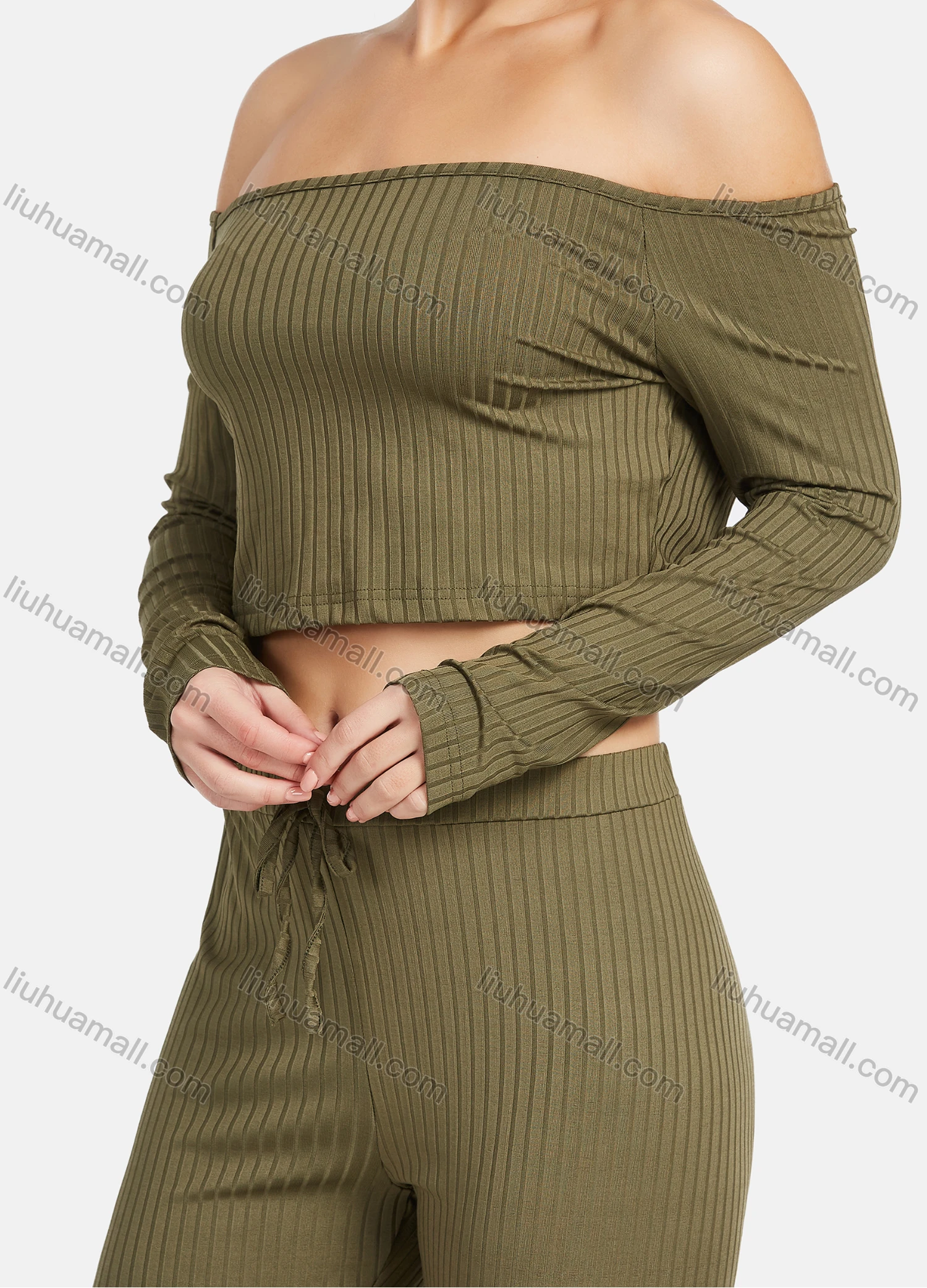 Wholesale Women's Casual Off Shoulder Long Sleeve Rib-Knit Crop Top 2 Piece Sets 12205# - Liuhuamall
