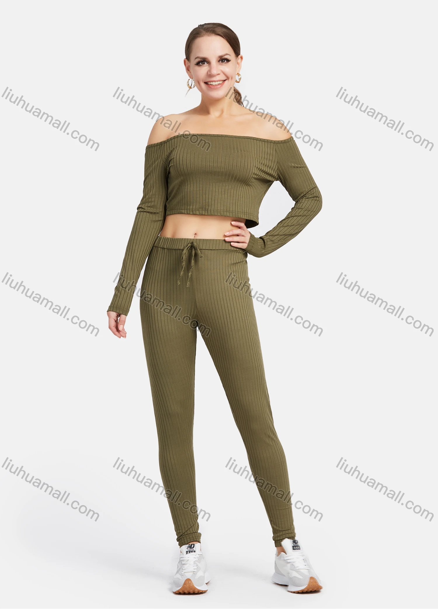Wholesale Women's Casual Off Shoulder Long Sleeve Rib-Knit Crop Top 2 Piece Sets 12205# - Liuhuamall