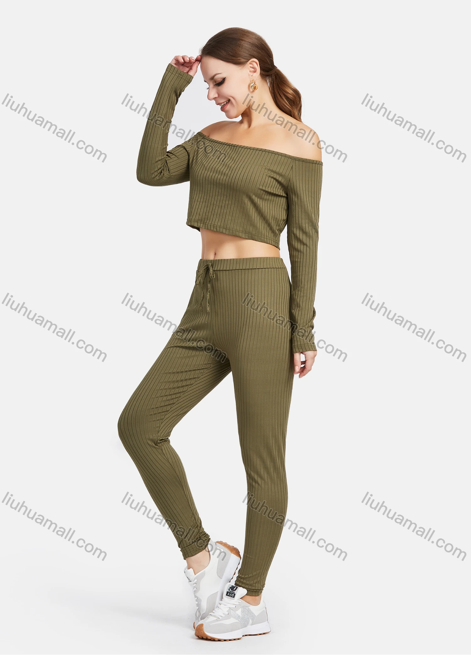 Wholesale Women's Casual Off Shoulder Long Sleeve Rib-Knit Crop Top 2 Piece Sets 12205# - Liuhuamall