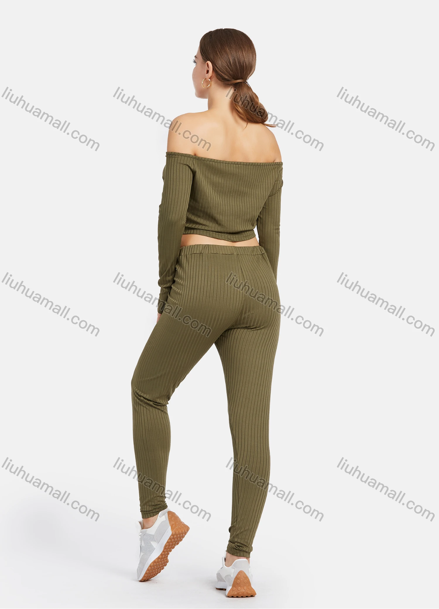 Wholesale Women's Casual Off Shoulder Long Sleeve Rib-Knit Crop Top 2 Piece Sets 12205# - Liuhuamall