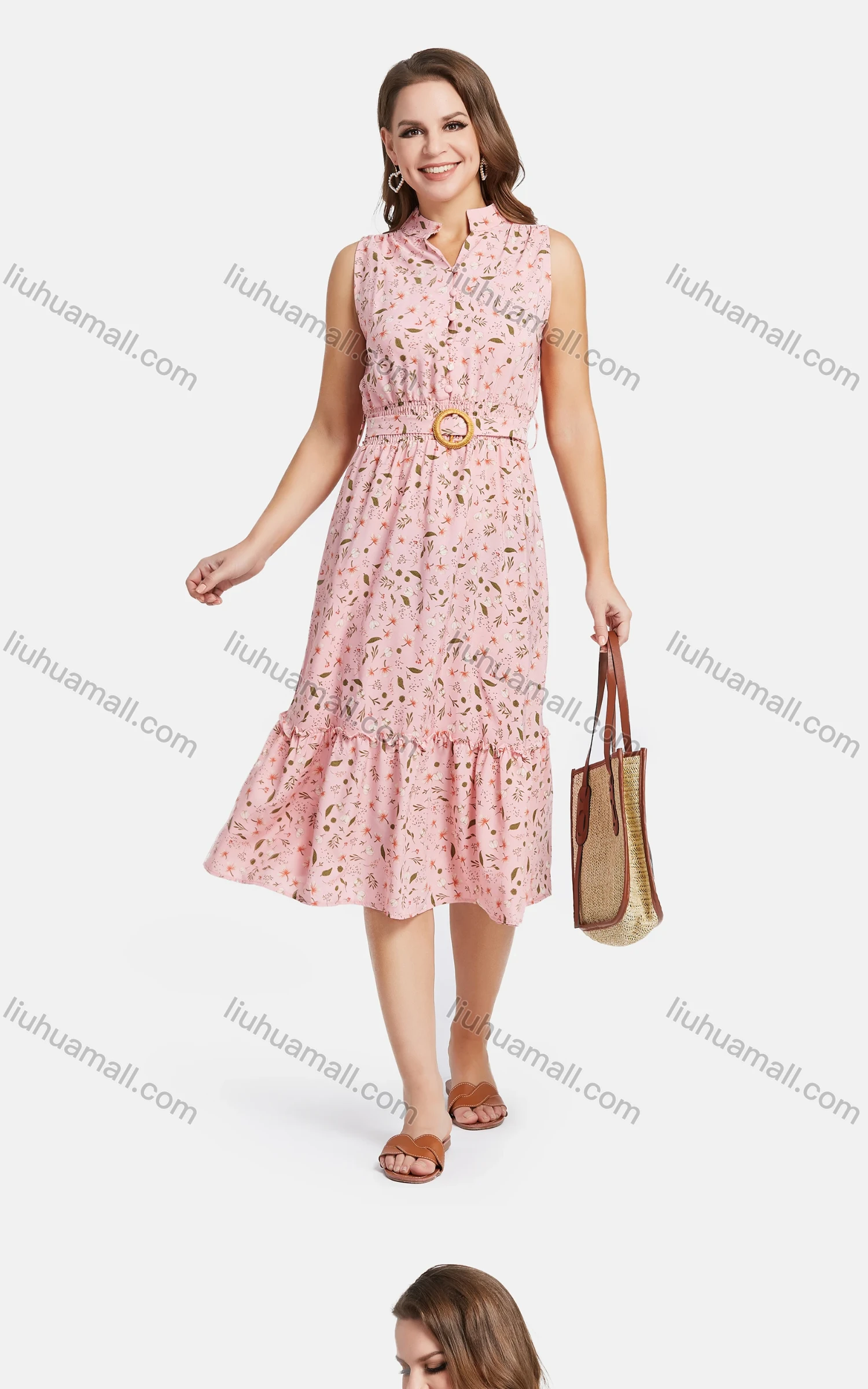 Wholesale Women's Casual Stand Collar A-Line Sleeveless Ditsy Floral Elastic Waistband Dress - Liuhuamall