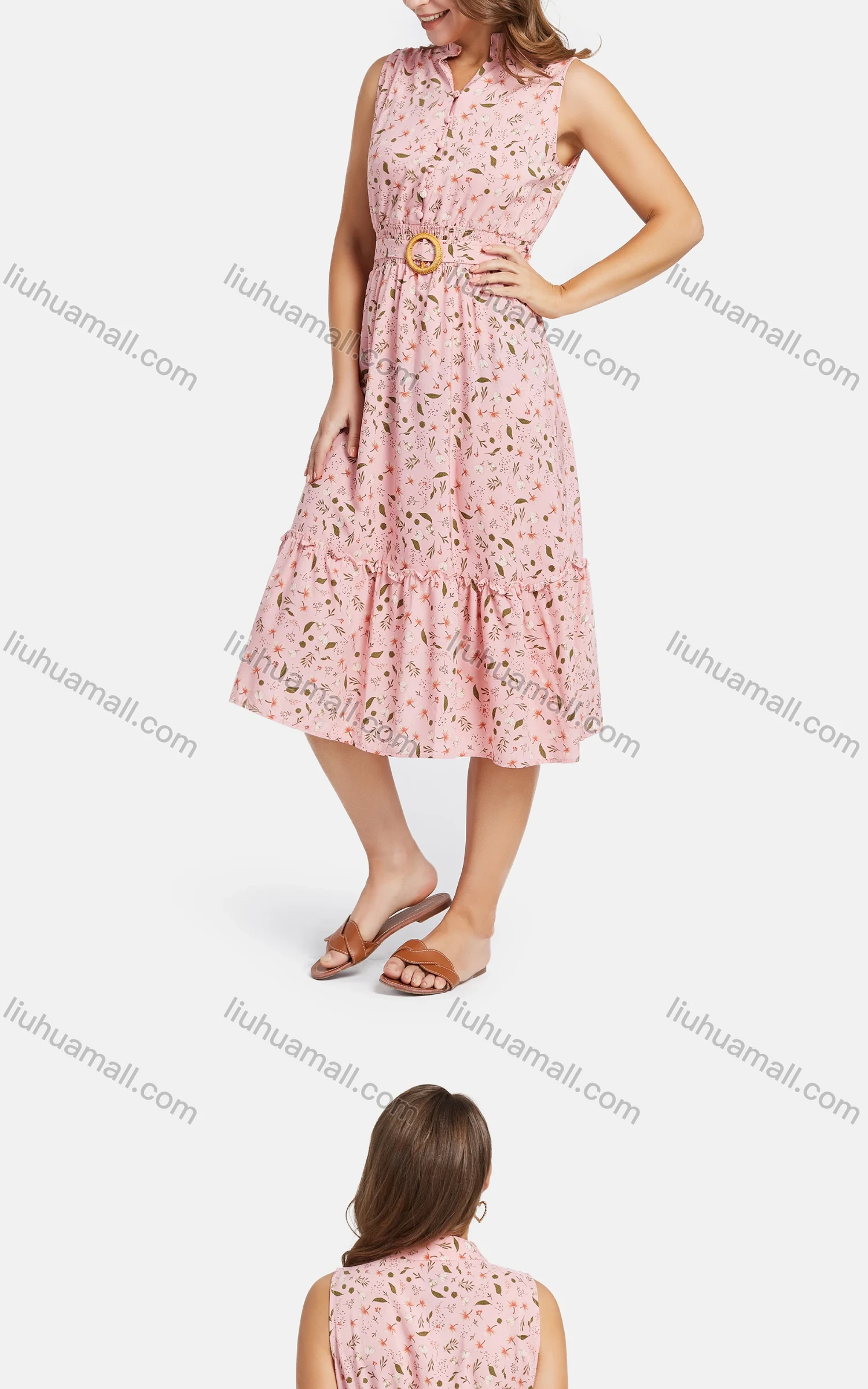 Wholesale Women's Casual Stand Collar A-Line Sleeveless Ditsy Floral Elastic Waistband Dress - Liuhuamall