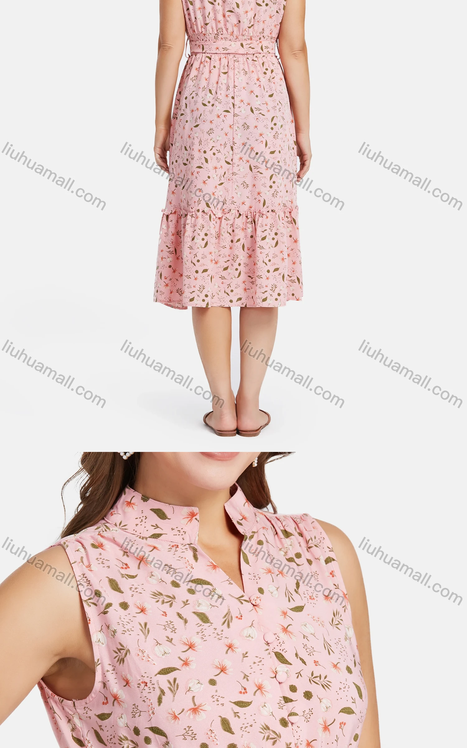 Wholesale Women's Casual Stand Collar A-Line Sleeveless Ditsy Floral Elastic Waistband Dress - Liuhuamall