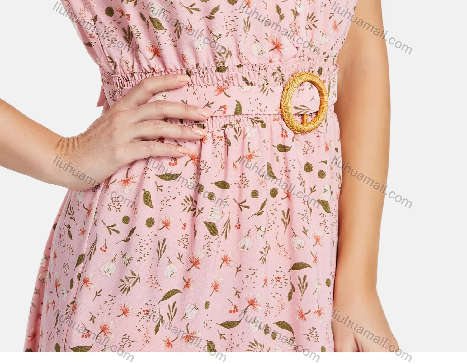 Wholesale Women's Casual Stand Collar A-Line Sleeveless Ditsy Floral Elastic Waistband Dress - Liuhuamall