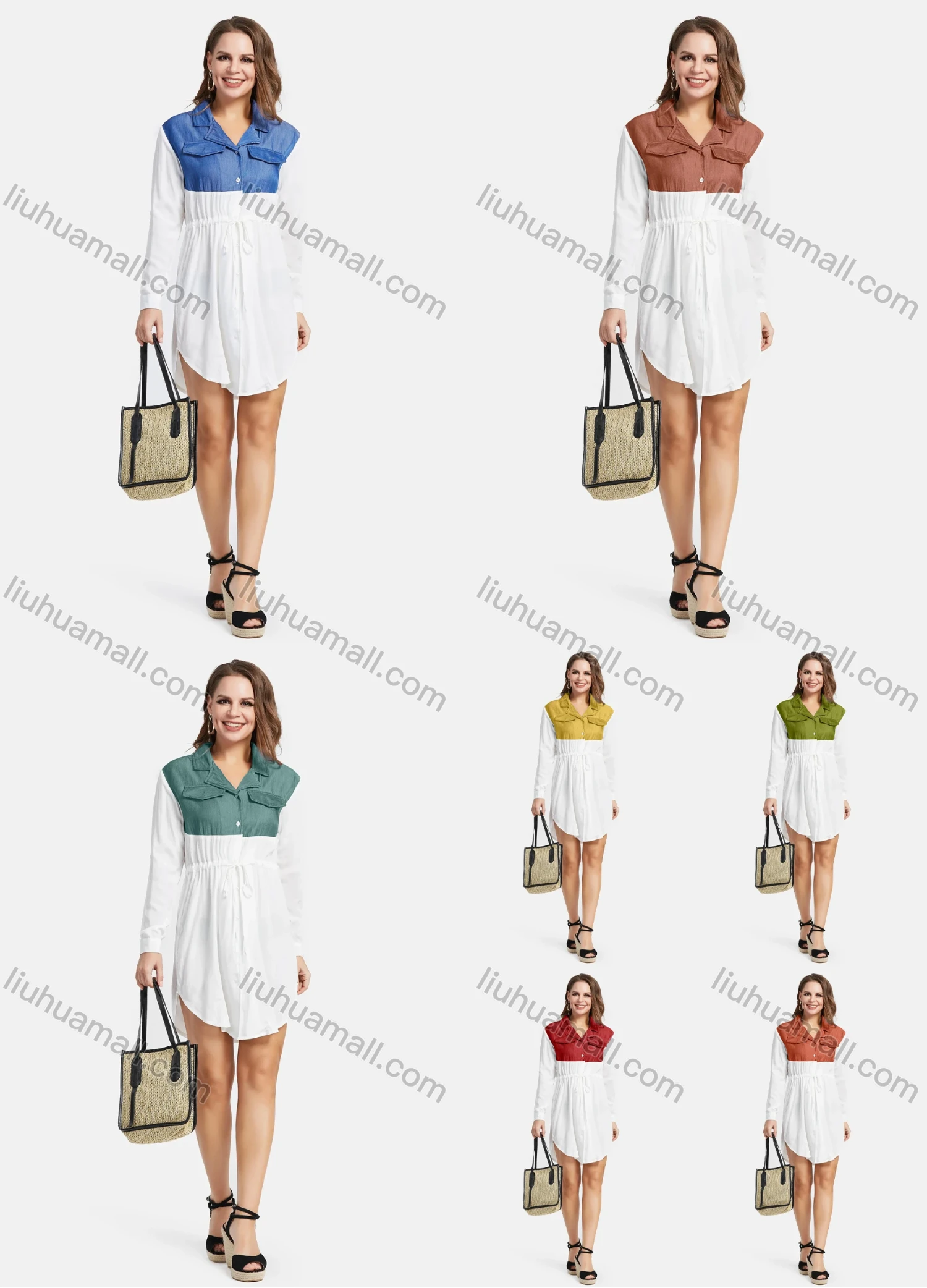 Wholesale Women's Casual Long Sleeve Splicing High Waist Shirt Dress - Liuhuamall