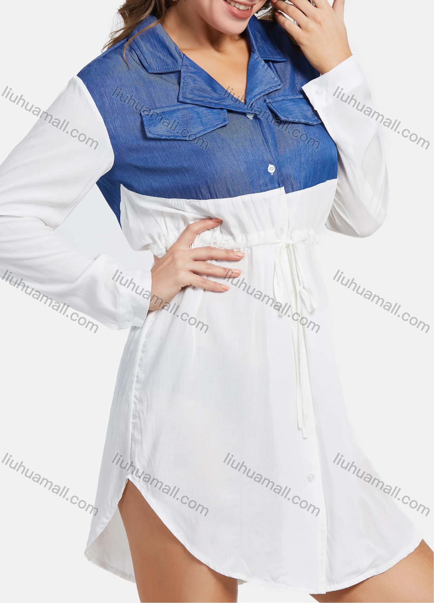 Wholesale Women's Casual Long Sleeve Splicing High Waist Shirt Dress - Liuhuamall