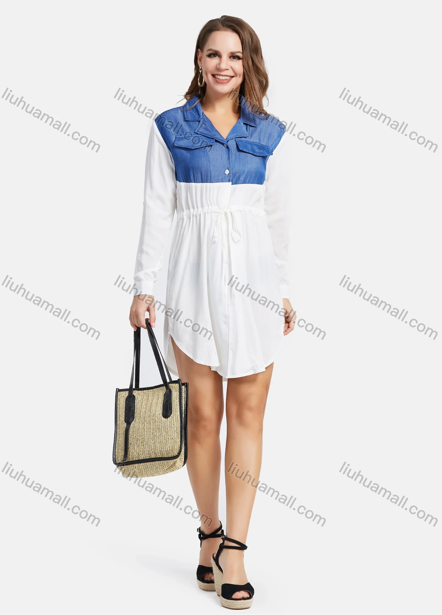 Wholesale Women's Casual Long Sleeve Splicing High Waist Shirt Dress - Liuhuamall