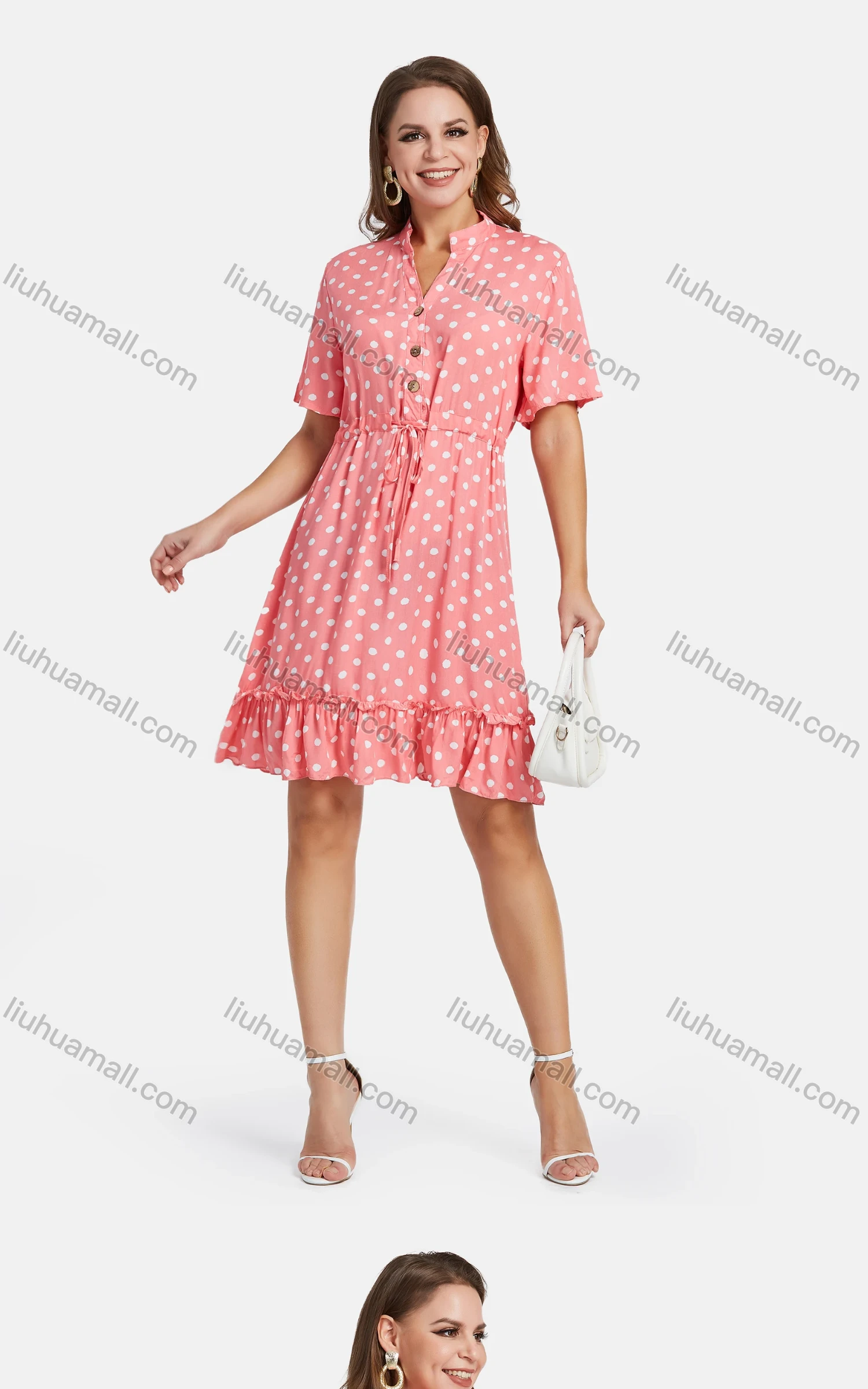 Wholesale Women's Casual Stand Collar Short Sleeve A-Line Polka Dot Ruffle Hem Shirt Dress - Liuhuamall