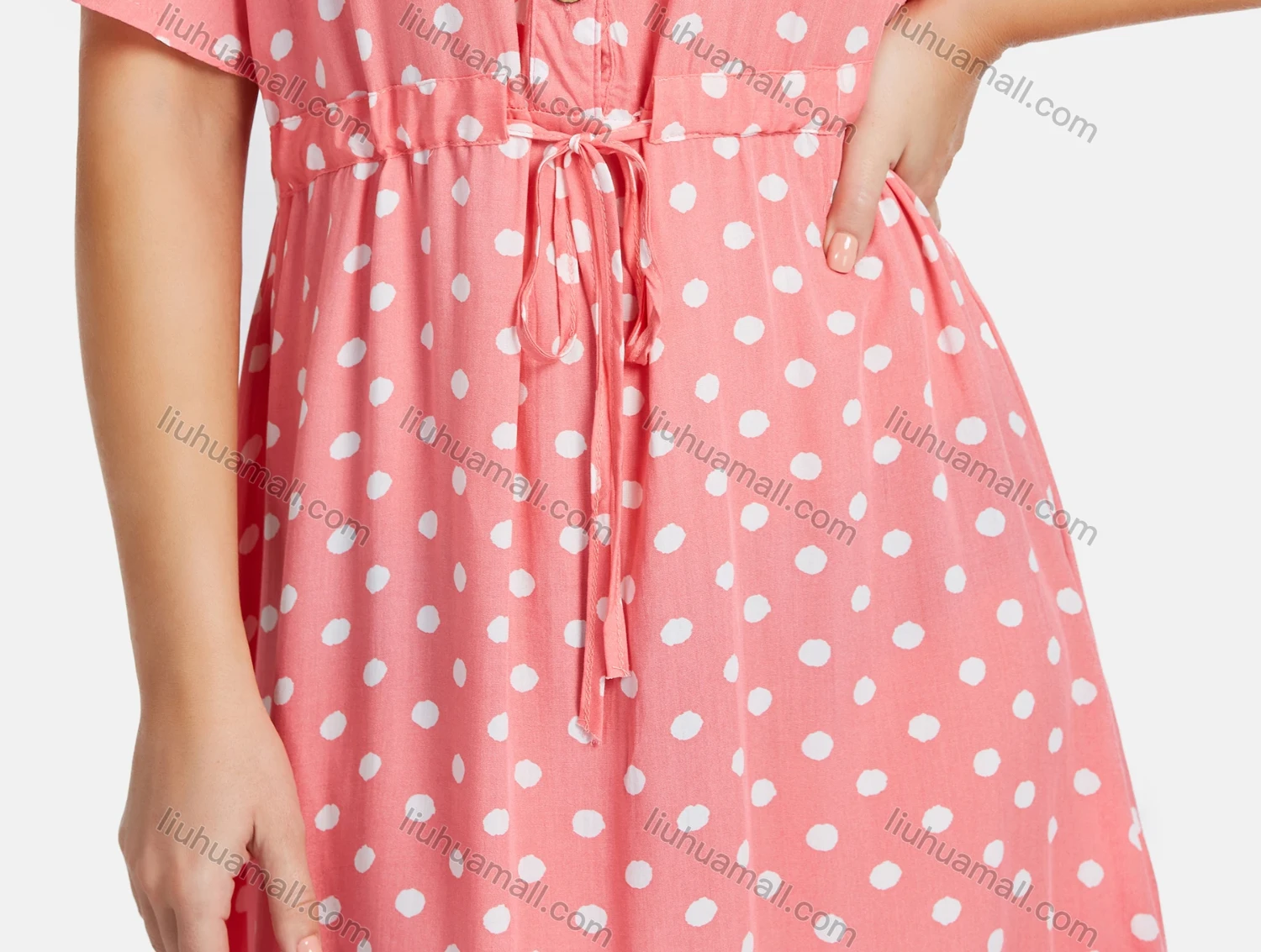 Wholesale Women's Casual Stand Collar Short Sleeve A-Line Polka Dot Ruffle Hem Shirt Dress - Liuhuamall