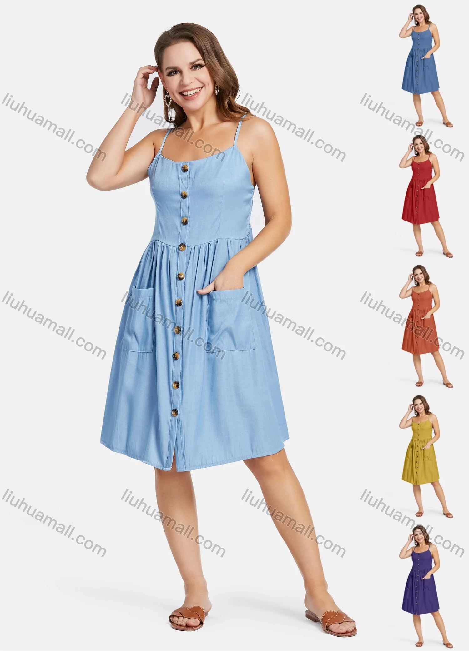 Wholesale Women's Casual Spaghetti Strap Button Down Shirred Cami Sundress With Patch Pocket 20-4# - Liuhuamall