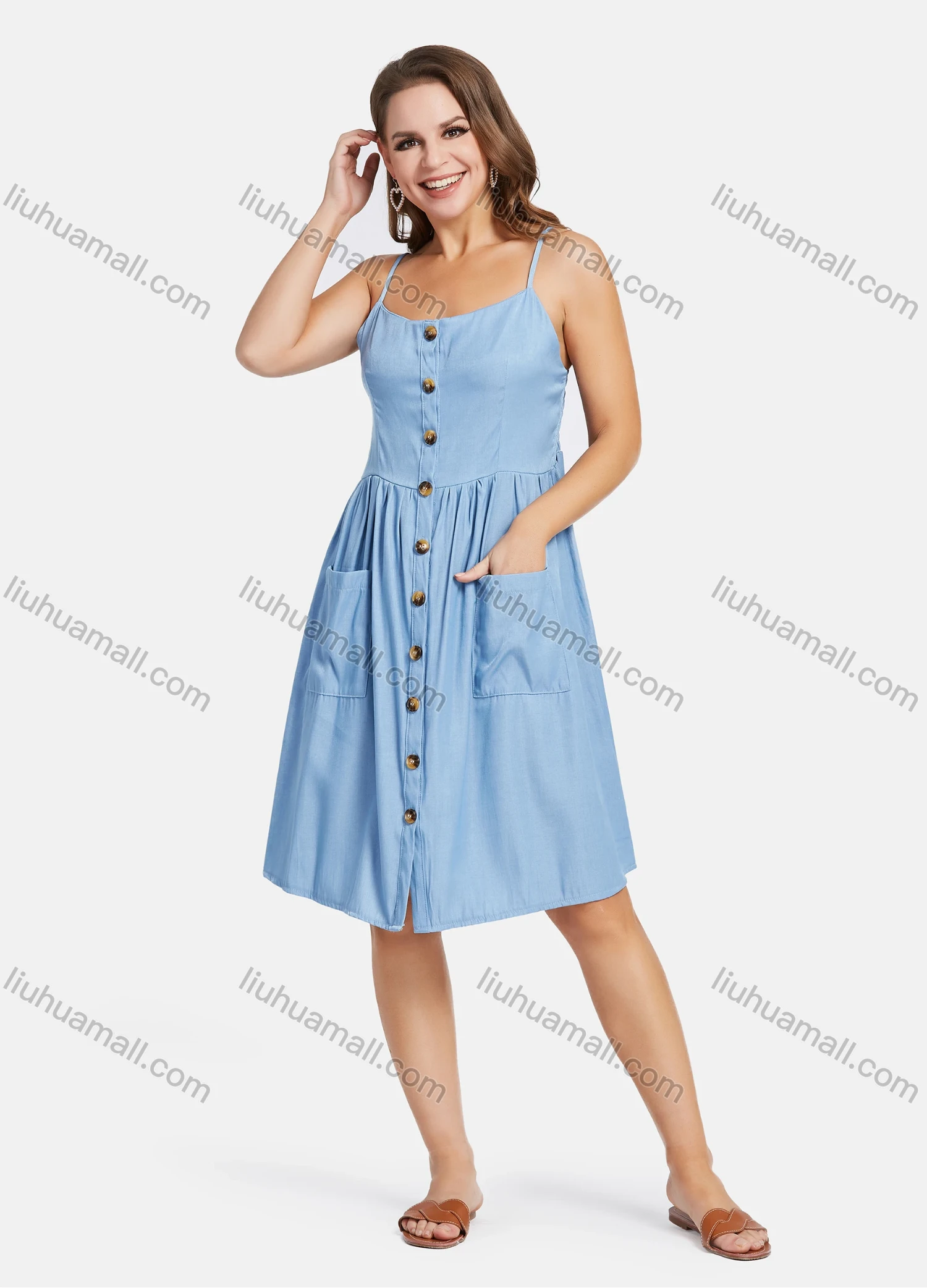 Wholesale Women's Casual Spaghetti Strap Button Down Shirred Cami Sundress With Patch Pocket 20-4# - Liuhuamall