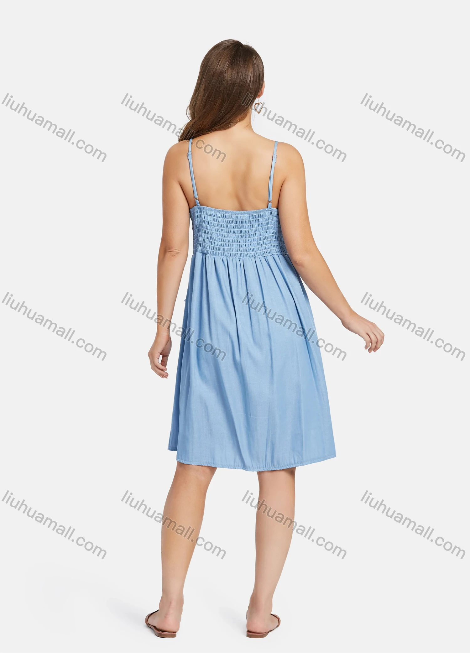 Wholesale Women's Casual Spaghetti Strap Button Down Shirred Cami Sundress With Patch Pocket 20-4# - Liuhuamall