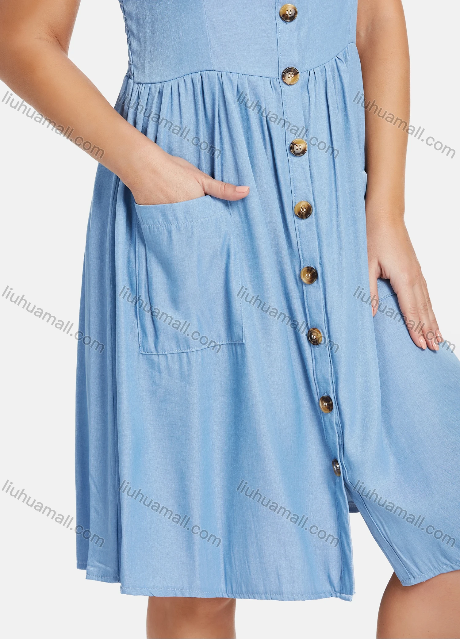 Wholesale Women's Casual Spaghetti Strap Button Down Shirred Cami Sundress With Patch Pocket 20-4# - Liuhuamall