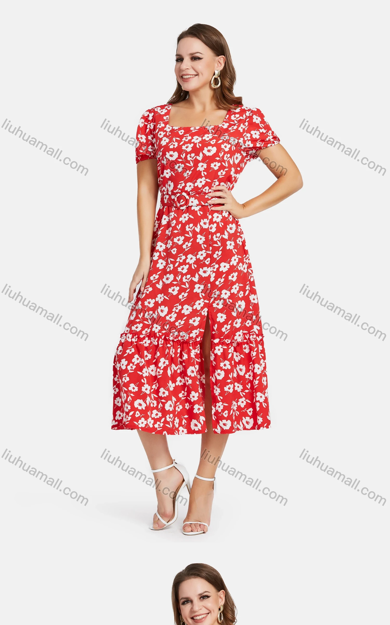 Wholesale Women's Square Neck Short Sleeve Side Slit Floral Print Midi Dress With Belt - Liuhuamall