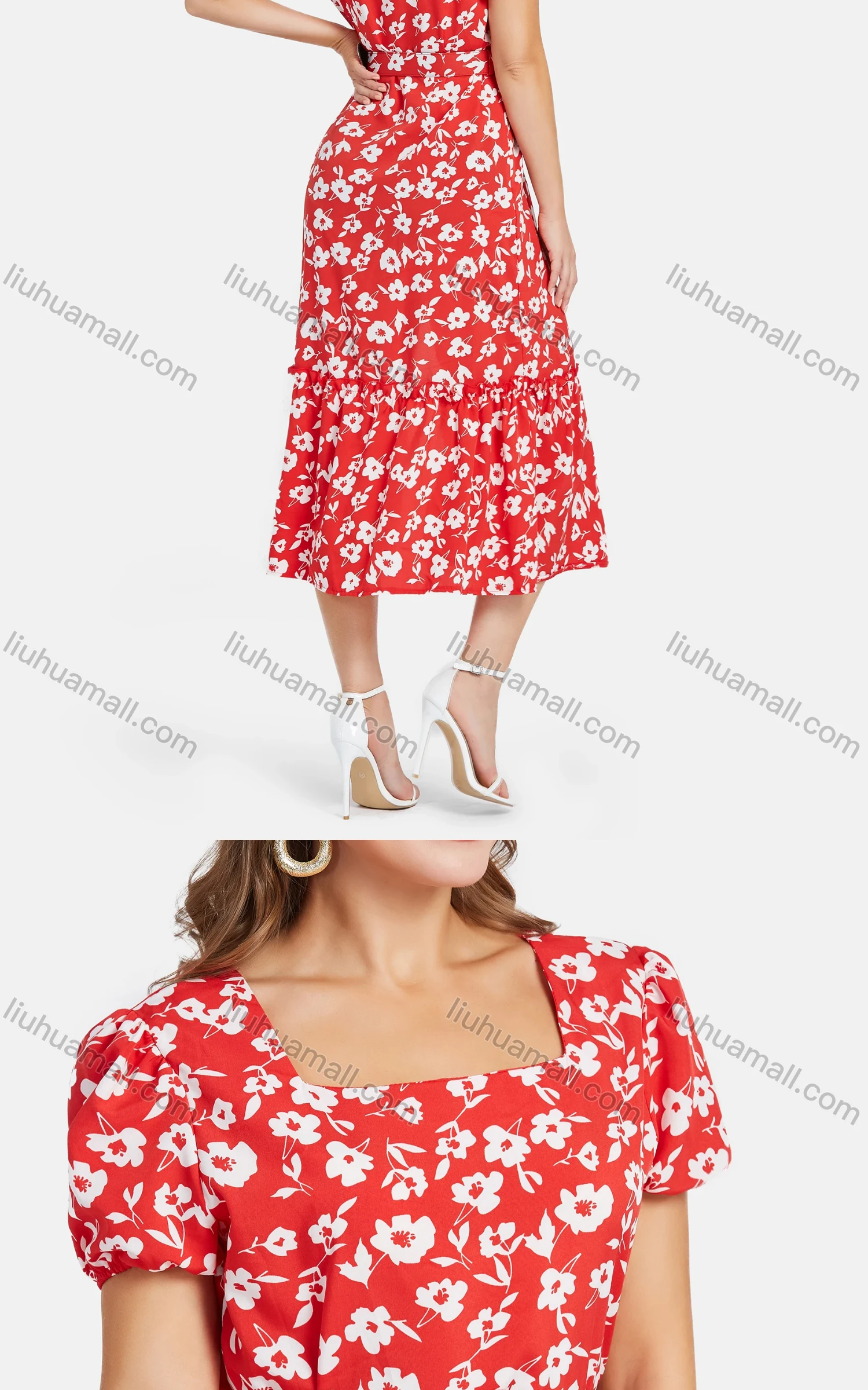 Wholesale Women's Square Neck Short Sleeve Side Slit Floral Print Midi Dress With Belt - Liuhuamall