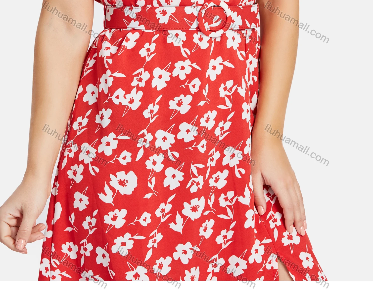 Wholesale Women's Square Neck Short Sleeve Side Slit Floral Print Midi Dress With Belt - Liuhuamall