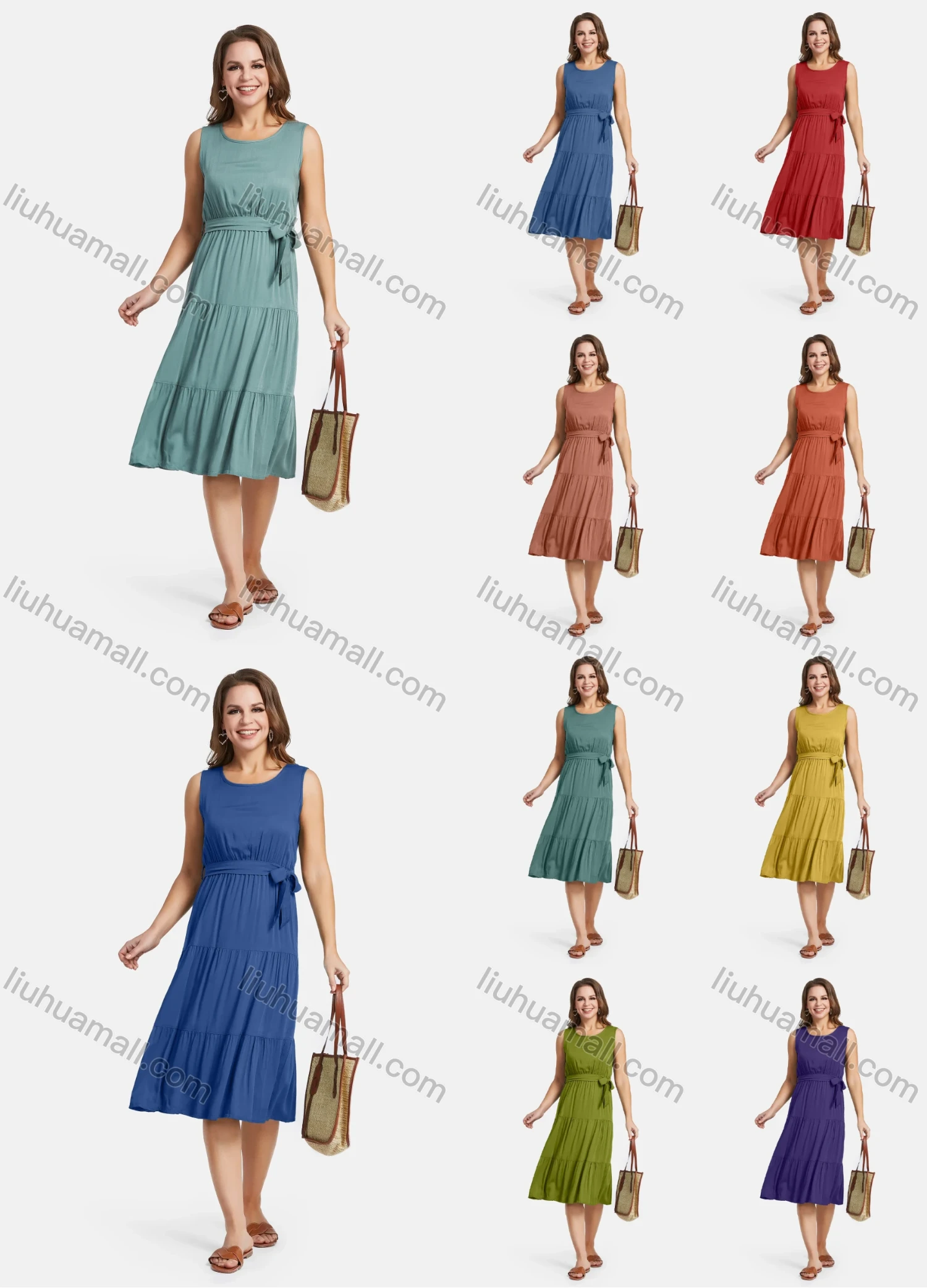 Wholesale Women's Crew Neck Sleveless A-Line High Waist Plain Layered Midi Tank Dress With Belt 20-6# - Liuhuamall