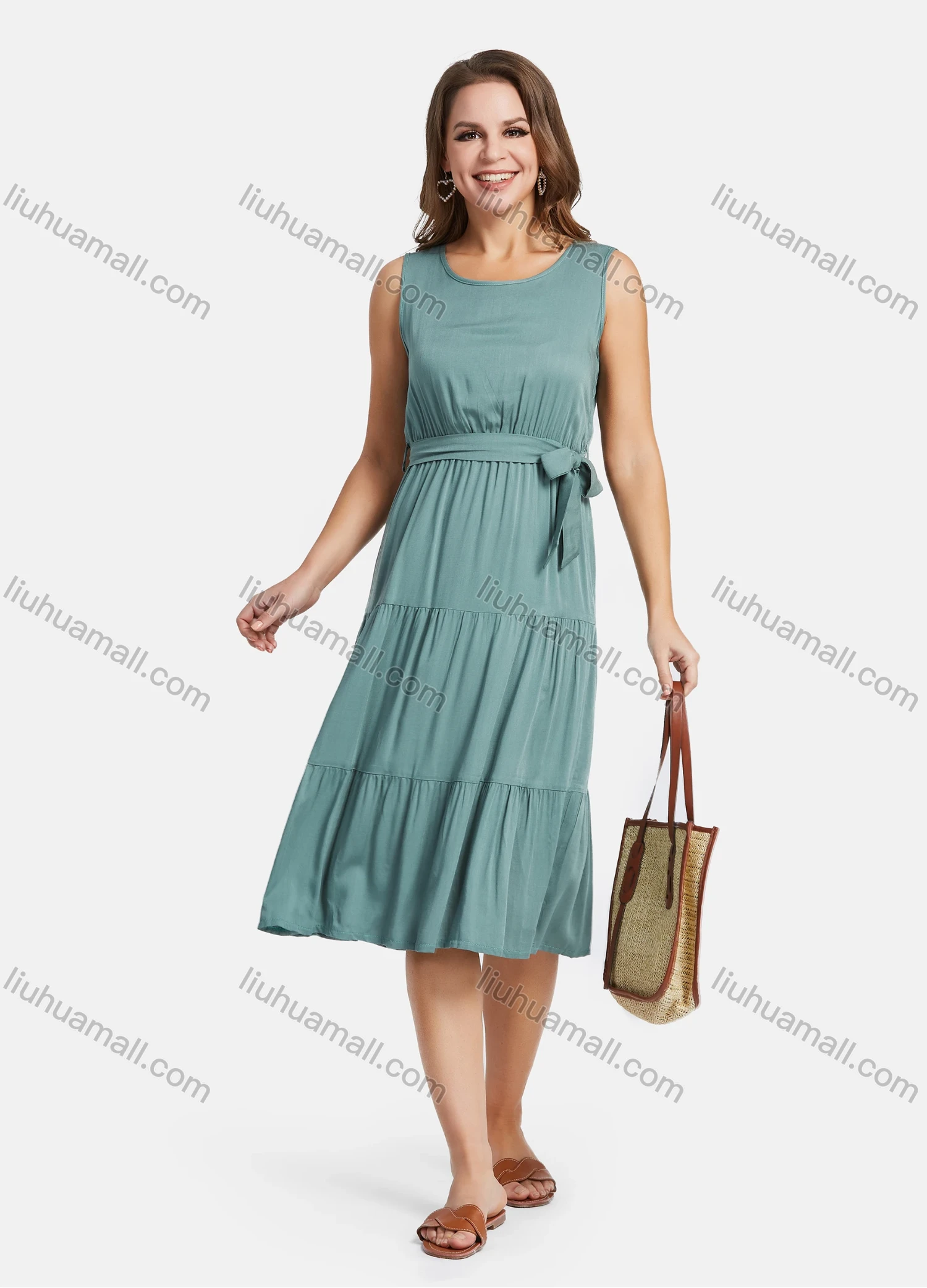 Wholesale Women's Crew Neck Sleveless A-Line High Waist Plain Layered Midi Tank Dress With Belt 20-6# - Liuhuamall
