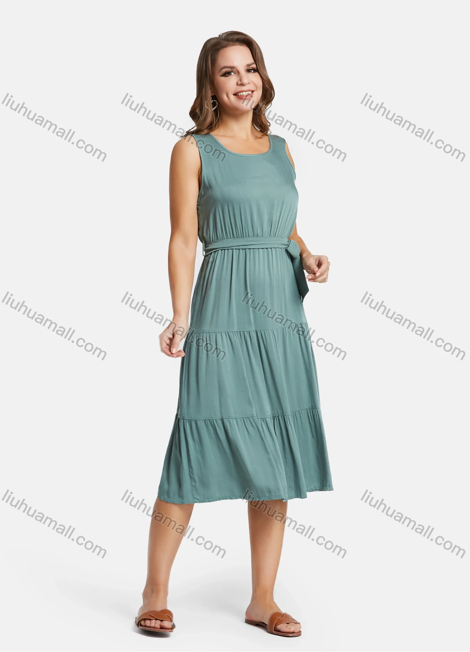 Wholesale Women's Crew Neck Sleveless A-Line High Waist Plain Layered Midi Tank Dress With Belt 20-6# - Liuhuamall