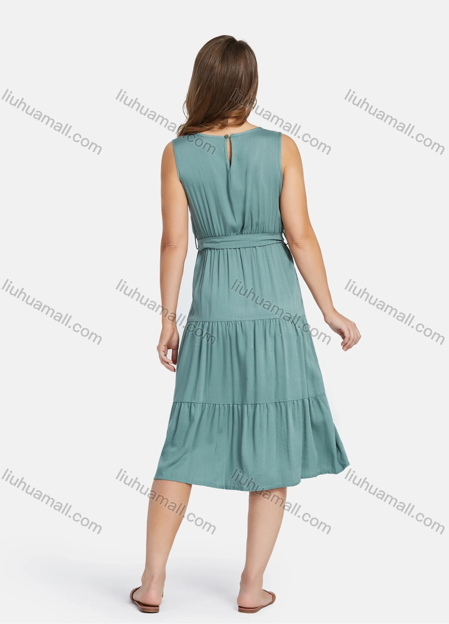 Wholesale Women's Crew Neck Sleveless A-Line High Waist Plain Layered Midi Tank Dress With Belt 20-6# - Liuhuamall