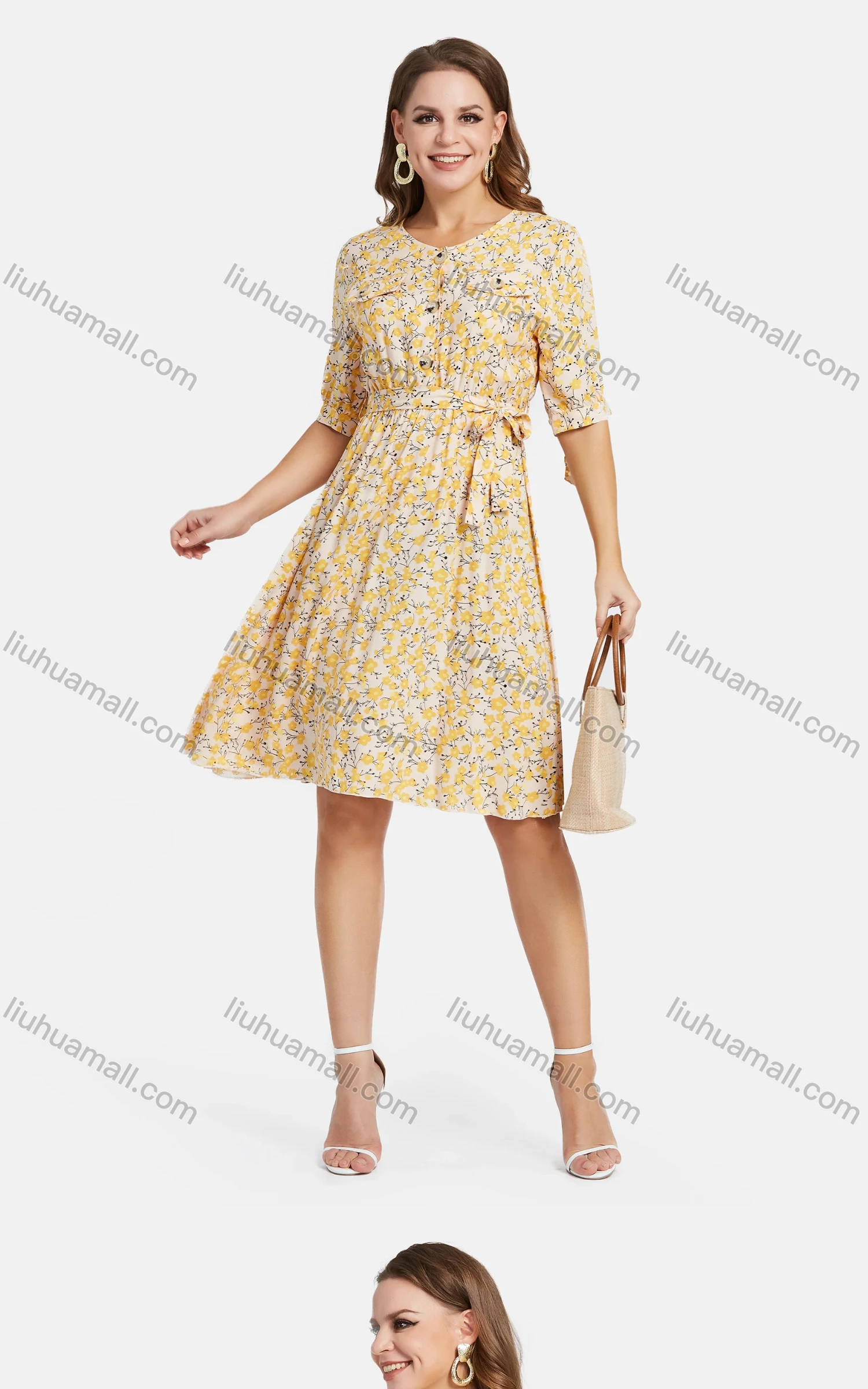 Wholesale Women's Casual Crew Neck A-Line Ditsy Floral Dual Pockets Short Dress - Liuhuamall