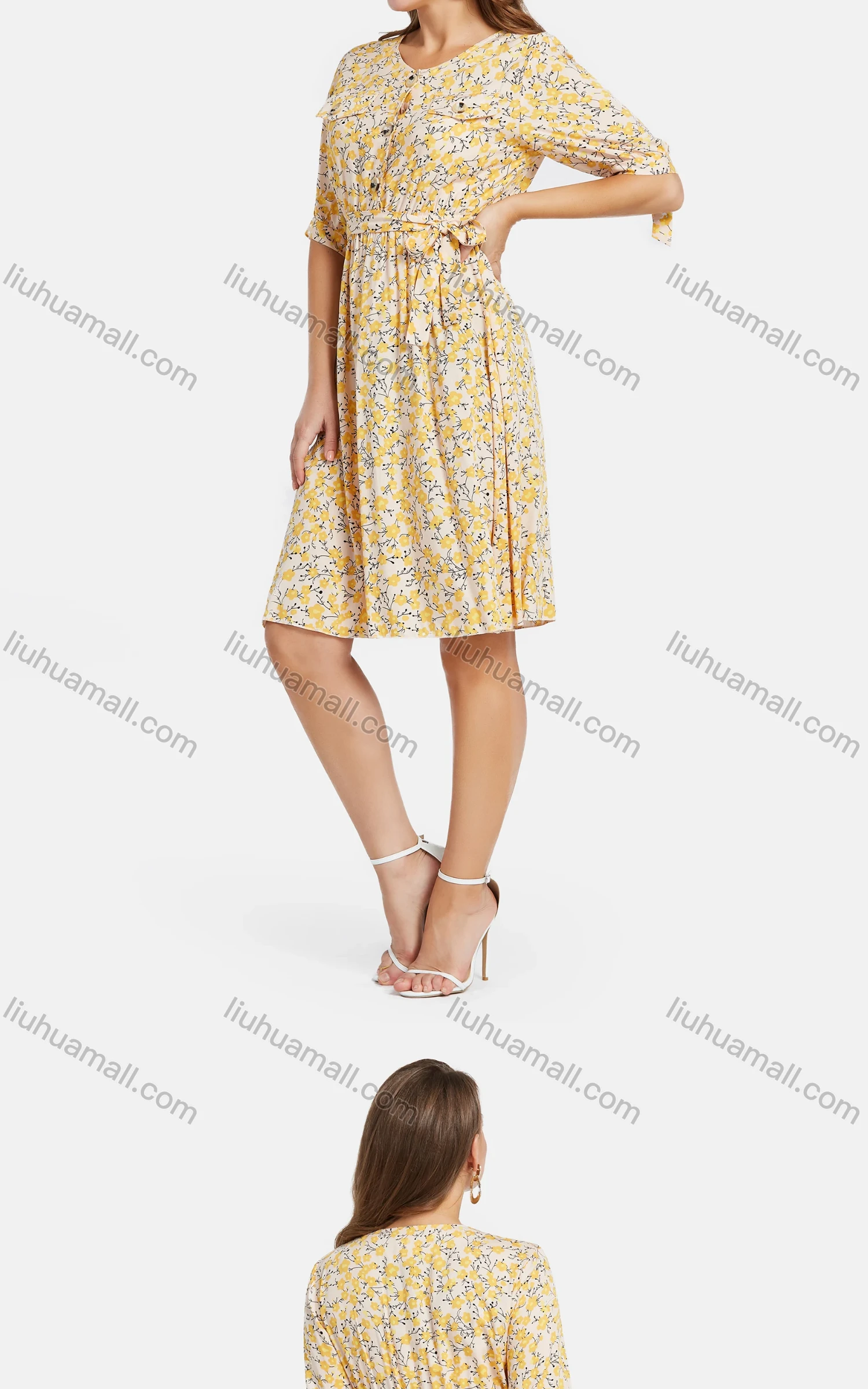 Wholesale Women's Casual Crew Neck A-Line Ditsy Floral Dual Pockets Short Dress - Liuhuamall