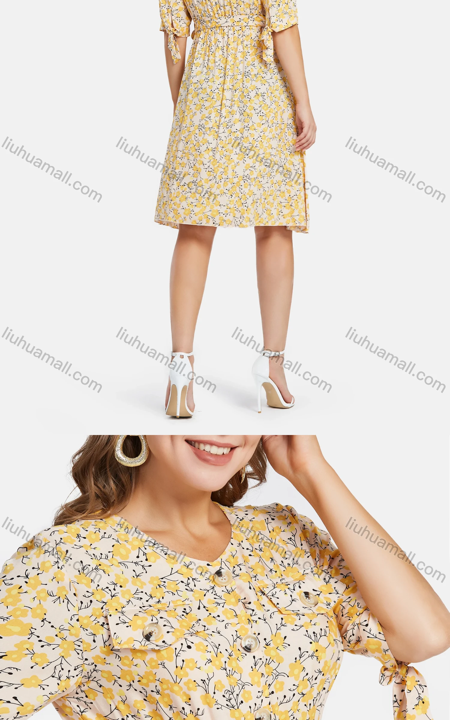 Wholesale Women's Casual Crew Neck A-Line Ditsy Floral Dual Pockets Short Dress - Liuhuamall