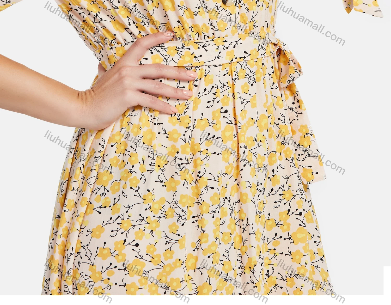 Wholesale Women's Casual Crew Neck A-Line Ditsy Floral Dual Pockets Short Dress - Liuhuamall