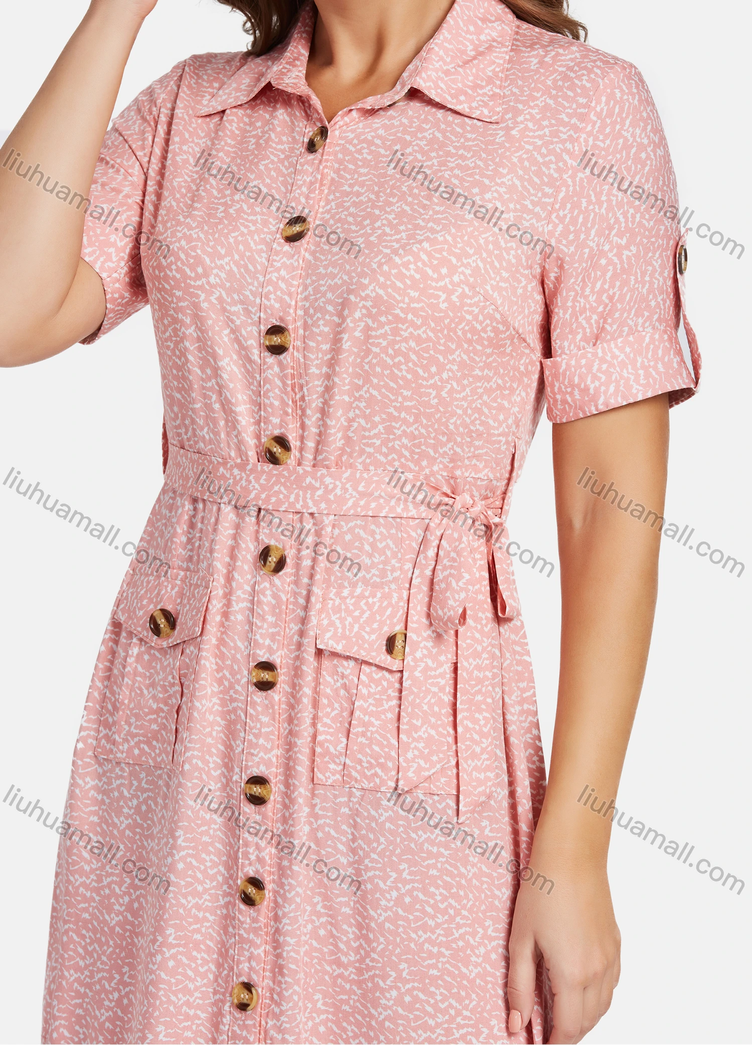 Wholesale Women's Casual Allover Print Flap Pocket A-Line Button Down Knee Ruffle Hem Length Shirt Dress With Belt - Liuhuamall